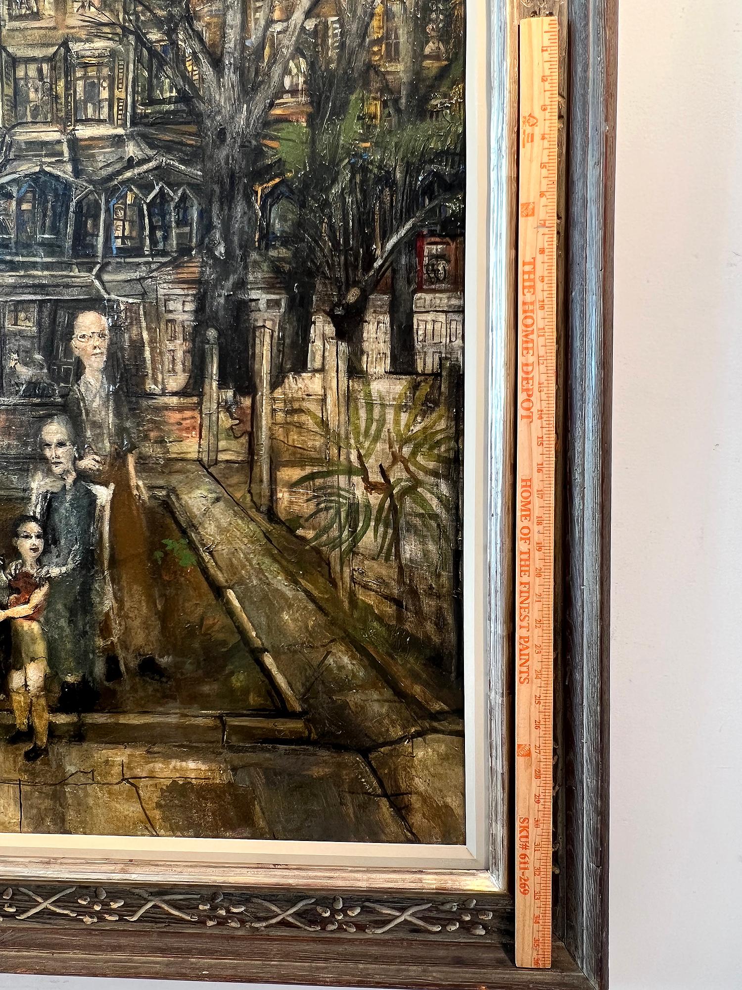 The setting reminds us of a Rear Window by Alfred Hickcock but Evergood did it  8 years before.
It's most likely Greenwich Village since Evergood lived there. 
This is a very big and heavy to lift painting
Signed lower left
Framed 56 x 51  in a