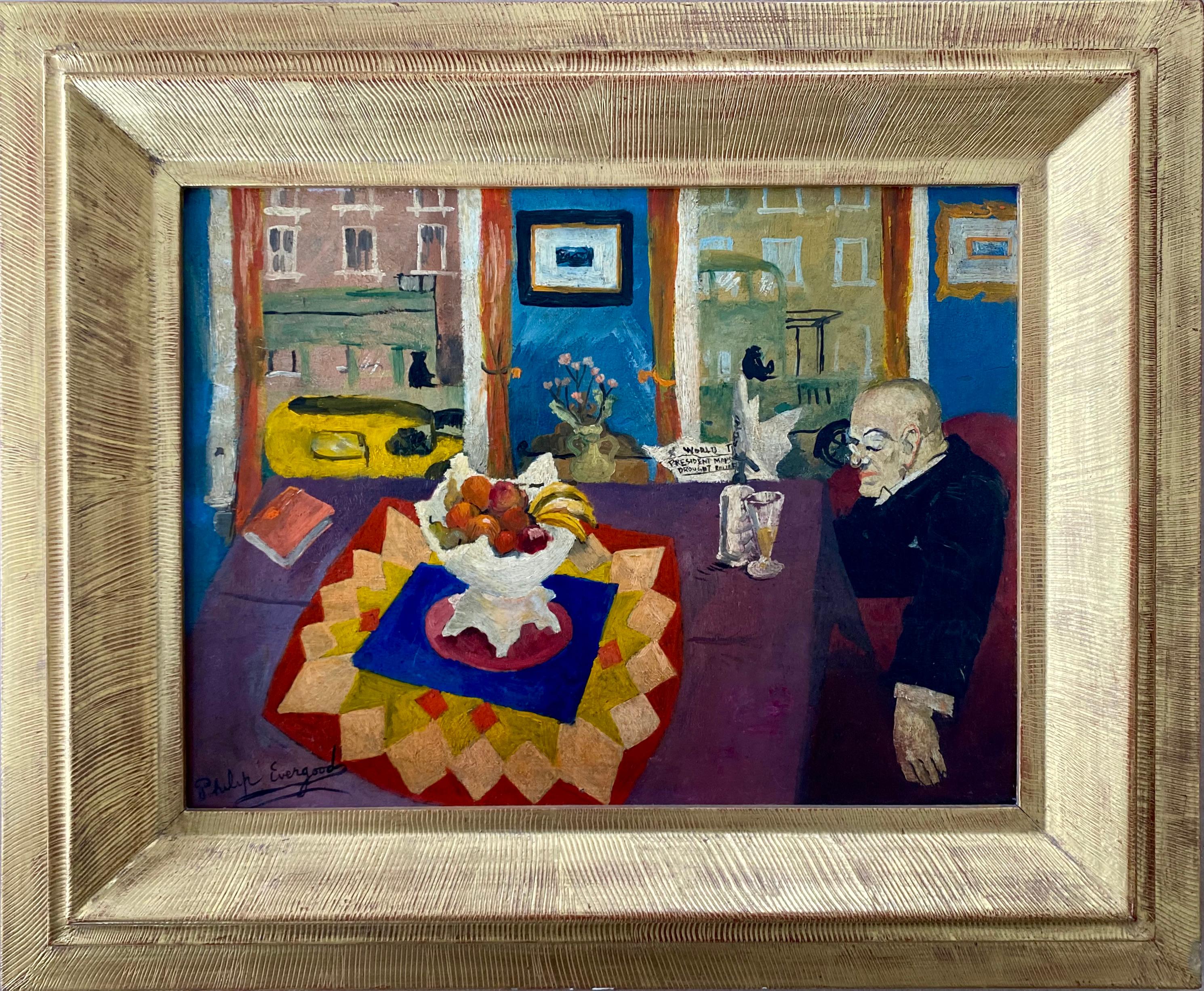 Interieur mit Mann am Tisch Amerikanischer Modernismus WPA Sozialer Realismus Moderne Malerei

Philip Evergood (1901 - 1973) Ohne Titel (Interieur mit Mann am Tisch), um 1932, Öl auf Tafel, 11 1/2 x 15 3/4 Zoll. Signiert unten links. Provenienz: