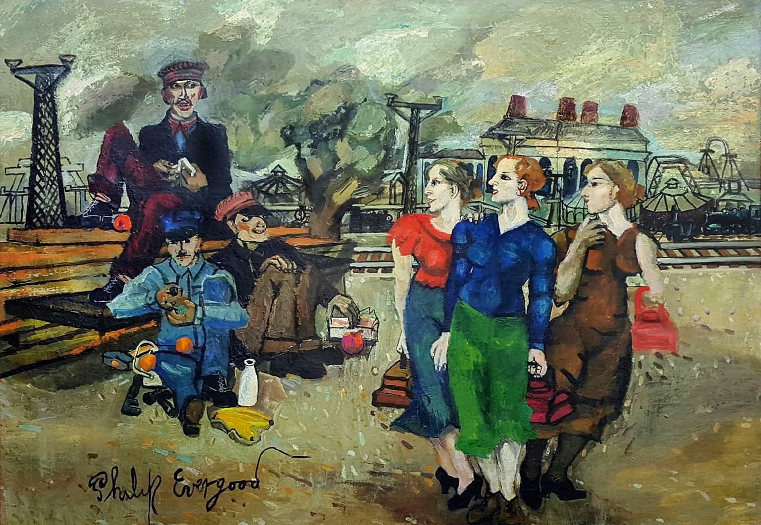 Figurative Painting de Philip Evergood - Esposas de ferroviarios - Escenografía americana - Realismo social