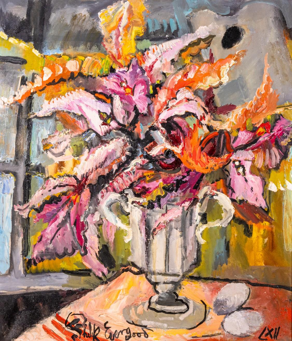 An expressive modern oil painting on canvas titled “Orchids in my Studio” by American Social Realism painter Philip Evergood. Signed mid left bottom by the artist with the roman numeral “LXII” on the bottom right, possibly referring to the date