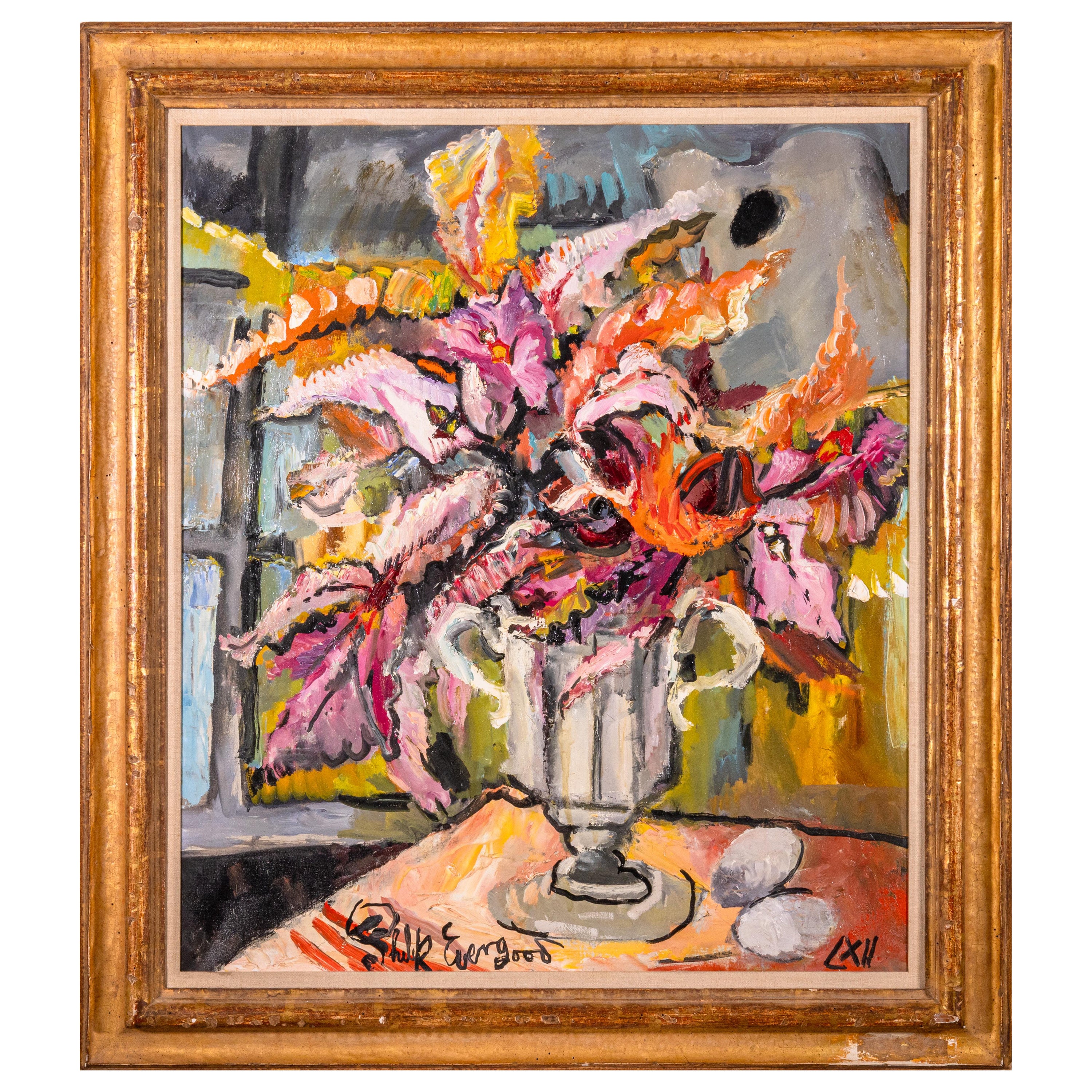 Philip Evergood Orchideen in meinem Studio Signiert Modern Ausdrucksstarkes Ölgemälde im Angebot