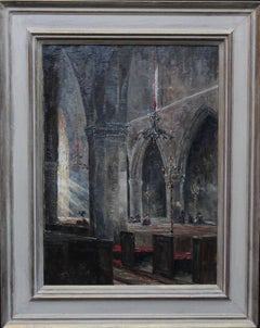 At Prayer - British 19thC Impressionist oil painting Amiens Cathedral interior