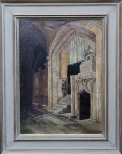 Antique Church Interior Steps- British 19thC oil painting Amiens cathedral religious art