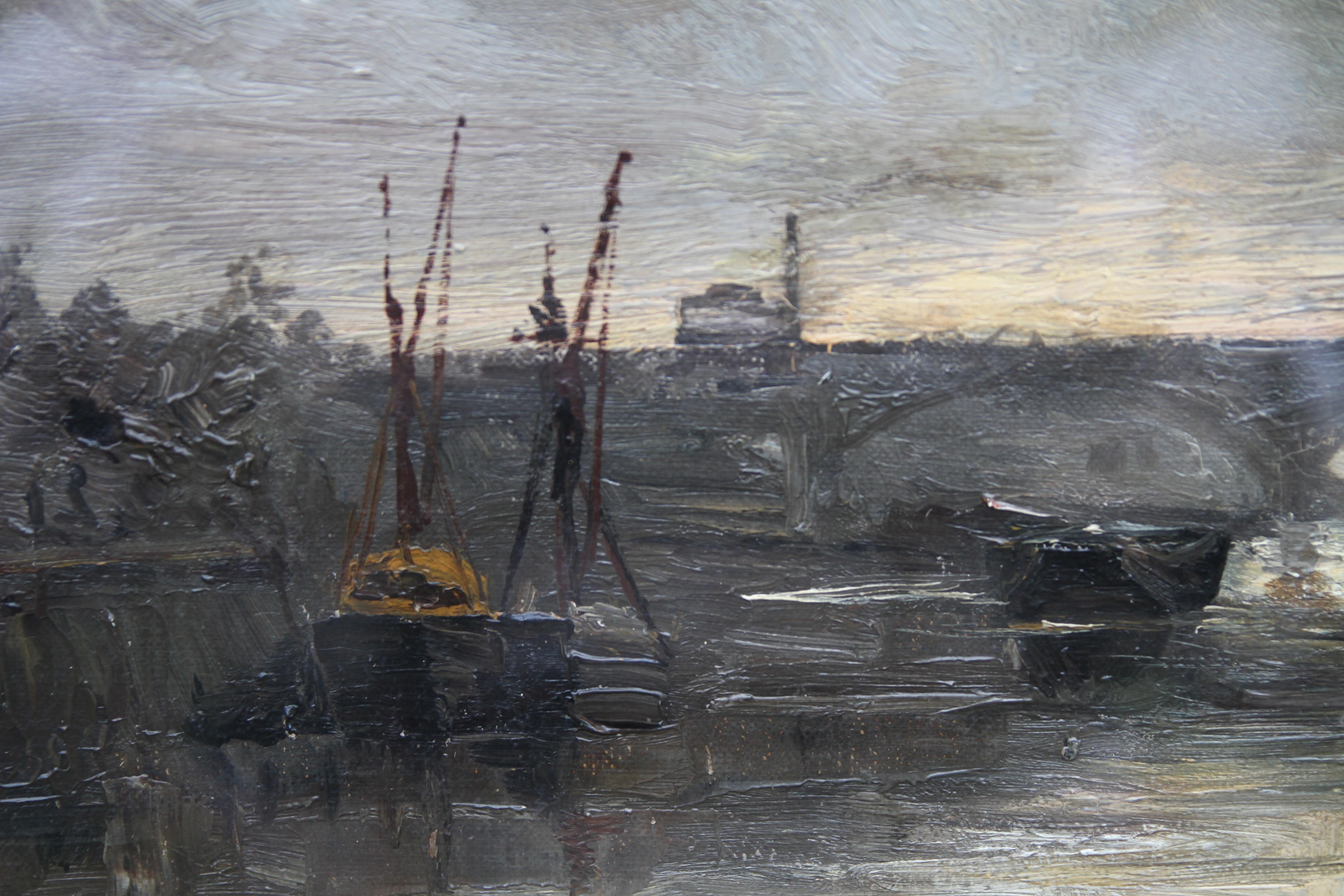 Támesis en Battersea - Arte impresionista británico Pintura al óleo del Londres victoriano - Landscape Painting Gris de Philip F. Walker