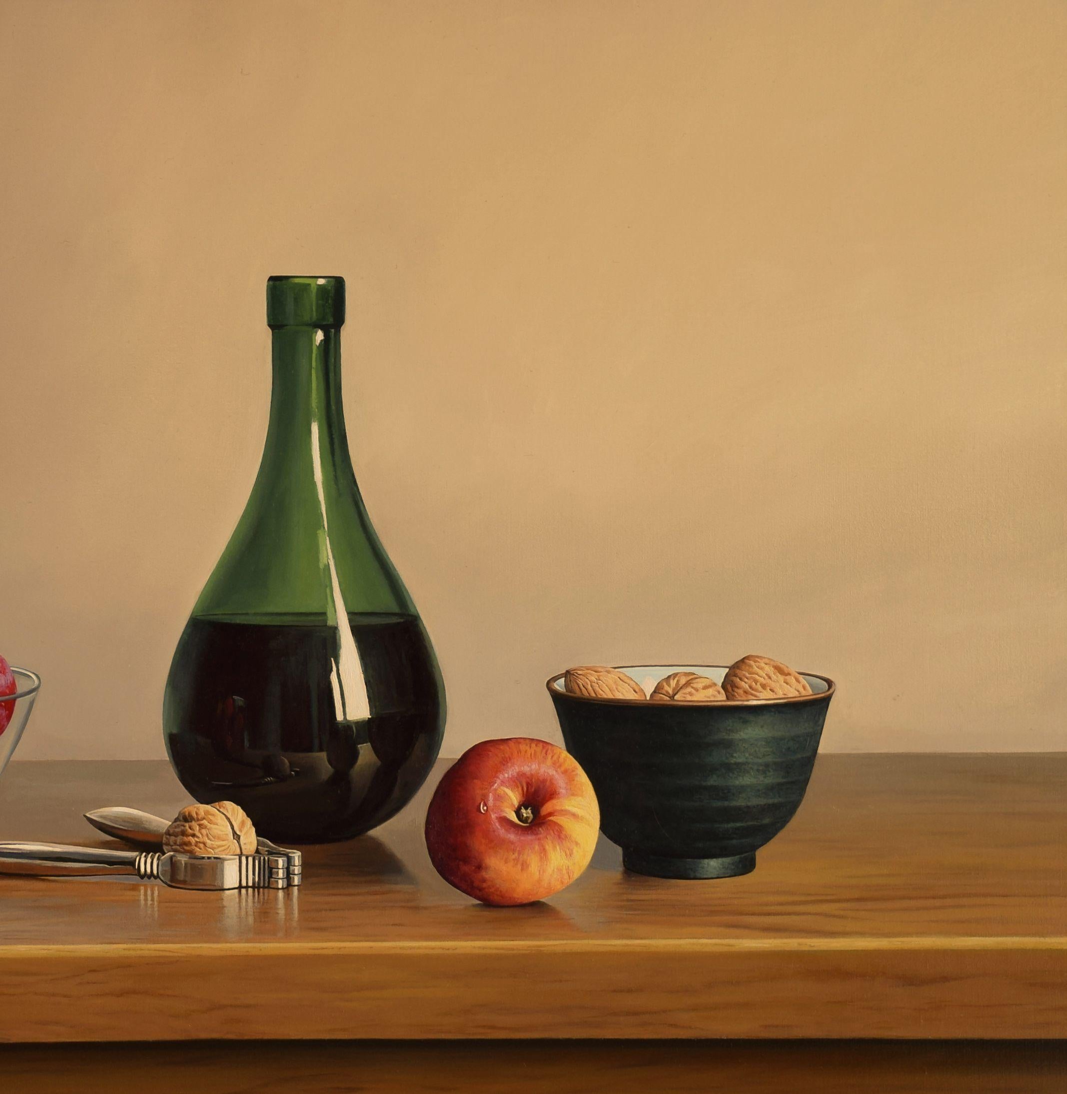 A large still life oil painting ideal as a focal point in a room. A composition including a bottle of homemade blackberry wine, plums, a nectarine, nuts and cracker.  The frame is a contemporary profile with a satin black finish and gold coloured