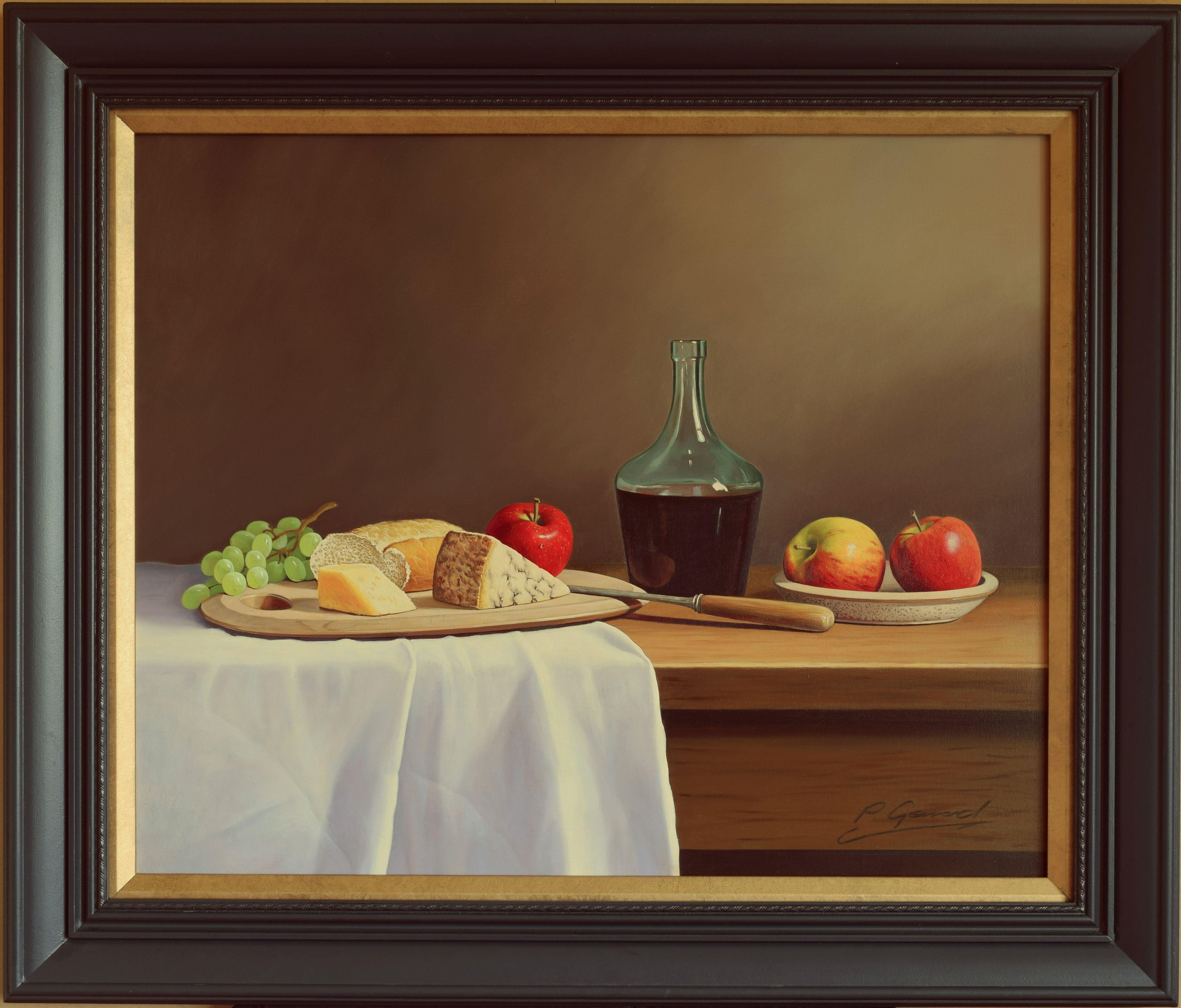 A classical original still life oil painting depicting a laid table with a rustic wine decanter, apples, grapes, cheese, bread and a knife. The exceptional quality detail and light will satisfy the most discerning collector. This this a large still