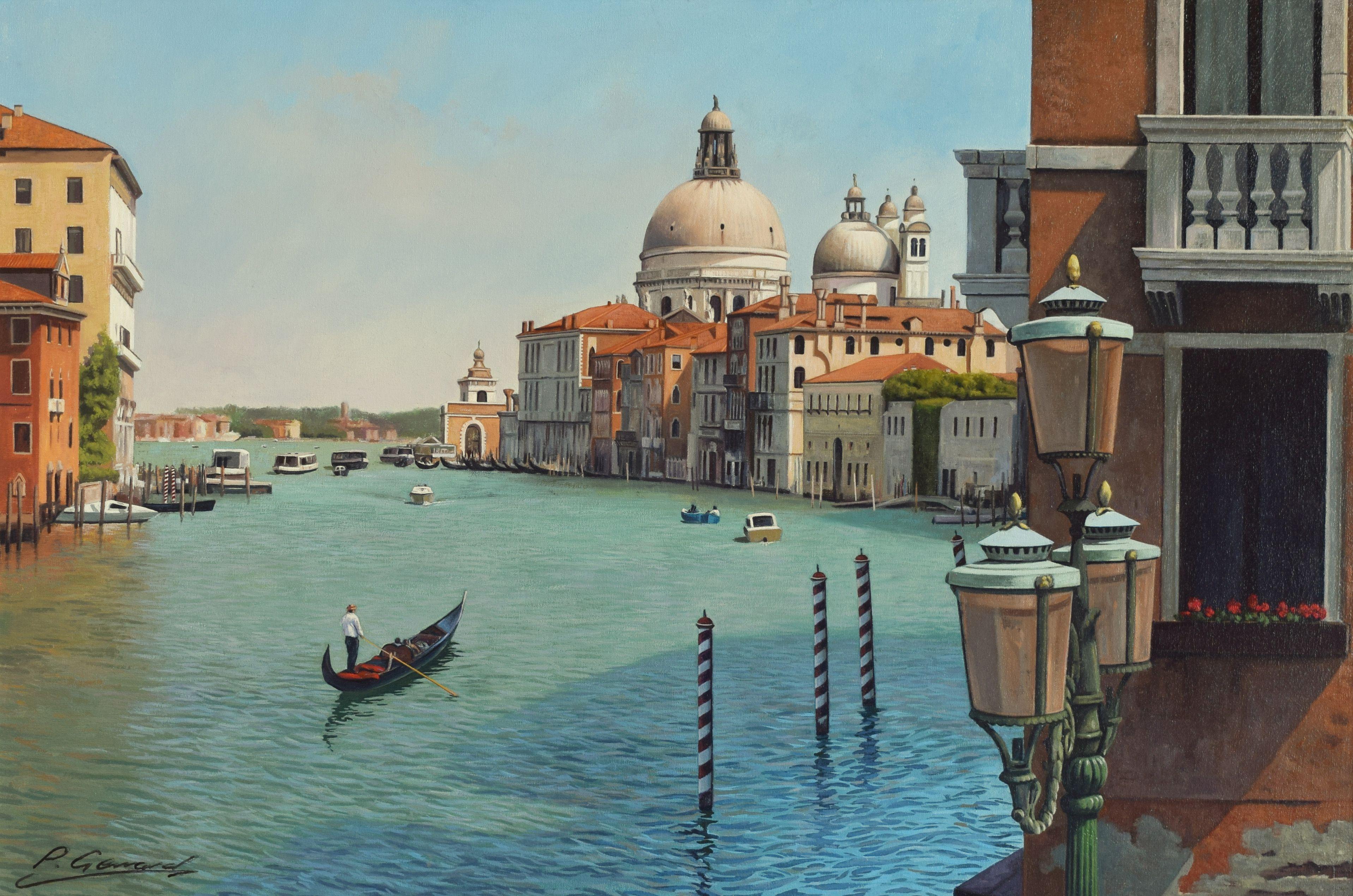This iconic view of the Grand Canal from the Accademia Bridge is alive with light and colour. The cool hues in the water are the perfect foil for the warm colours in the buildings which are minutely observed and recorded in the painting.  Oil paints