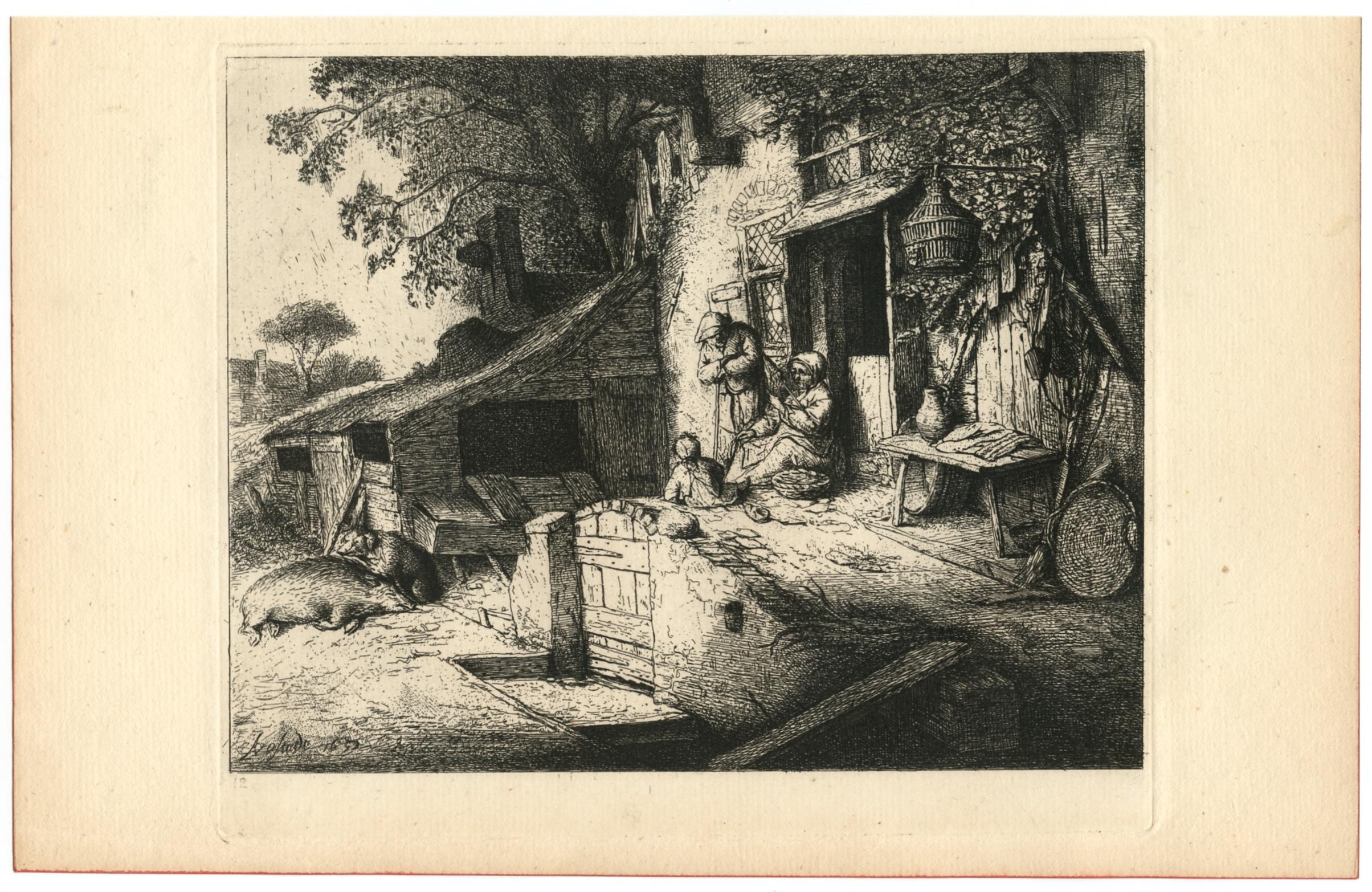 "The Cottage Door" etching after Van Ostade - Print by Philip Gilbert Hamerton