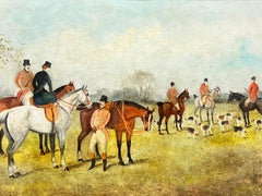 Fine Antique English Hunting Scene Oil Painting Ladies & Gents on Horseback