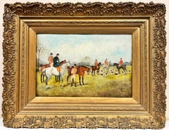 Fine Antique English Hunting Scene Oil Painting Ladies & Gents on Horseback