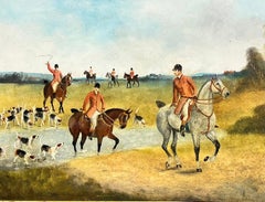 Fine Antique English Hunting Scene Oil Painting Riders on Horseback with Hounds