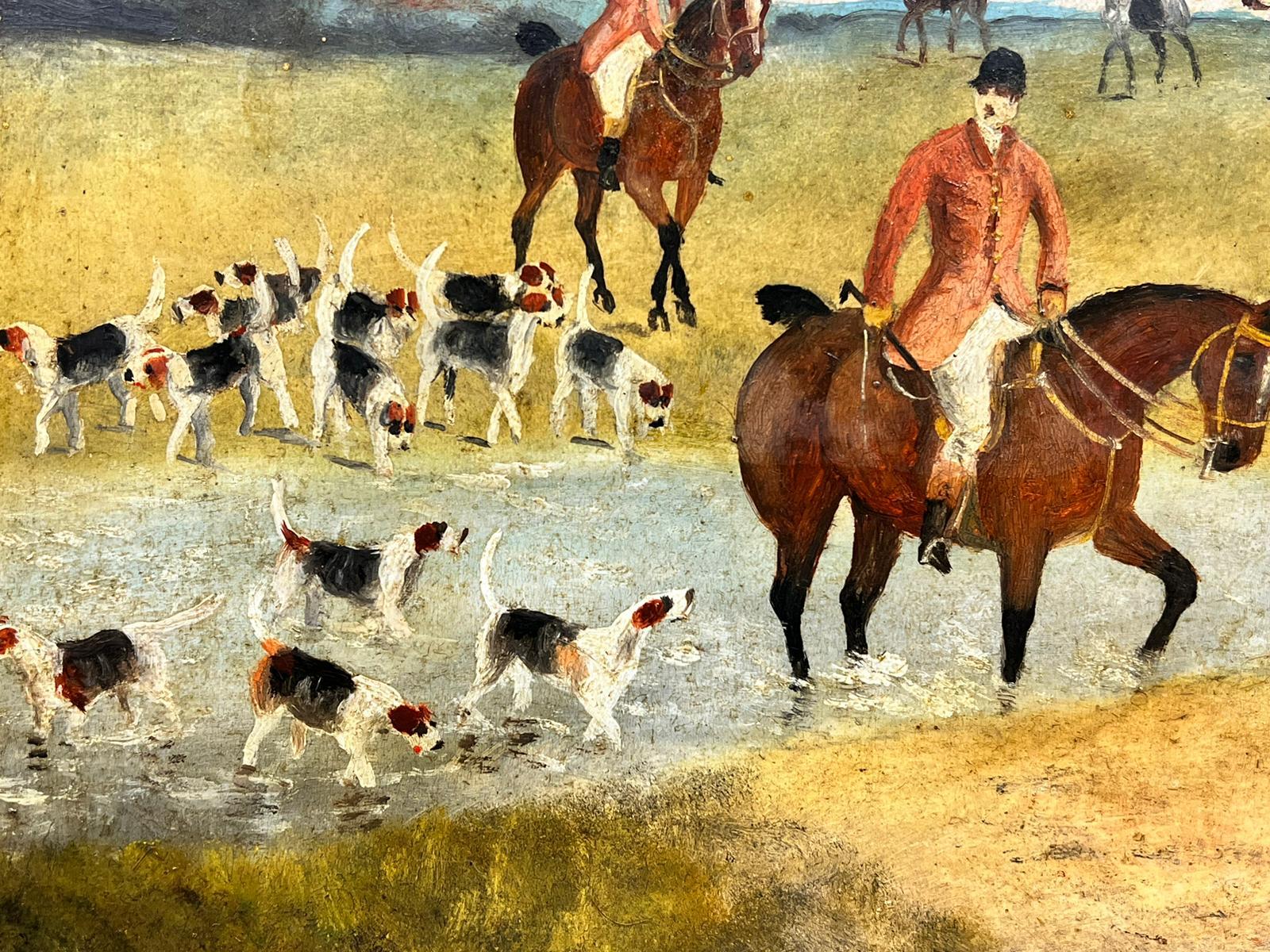 Fine Antique English Hunting Scene Oil Painting Riders on Horseback with Hounds 2