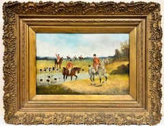 Fine Antique English Hunting Scene Oil Painting Riders on Horseback with Hounds