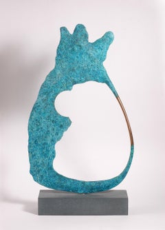 Acanto 3 - Oxidised Blue Bronze sculpture rotating on a Cumbrian slate base