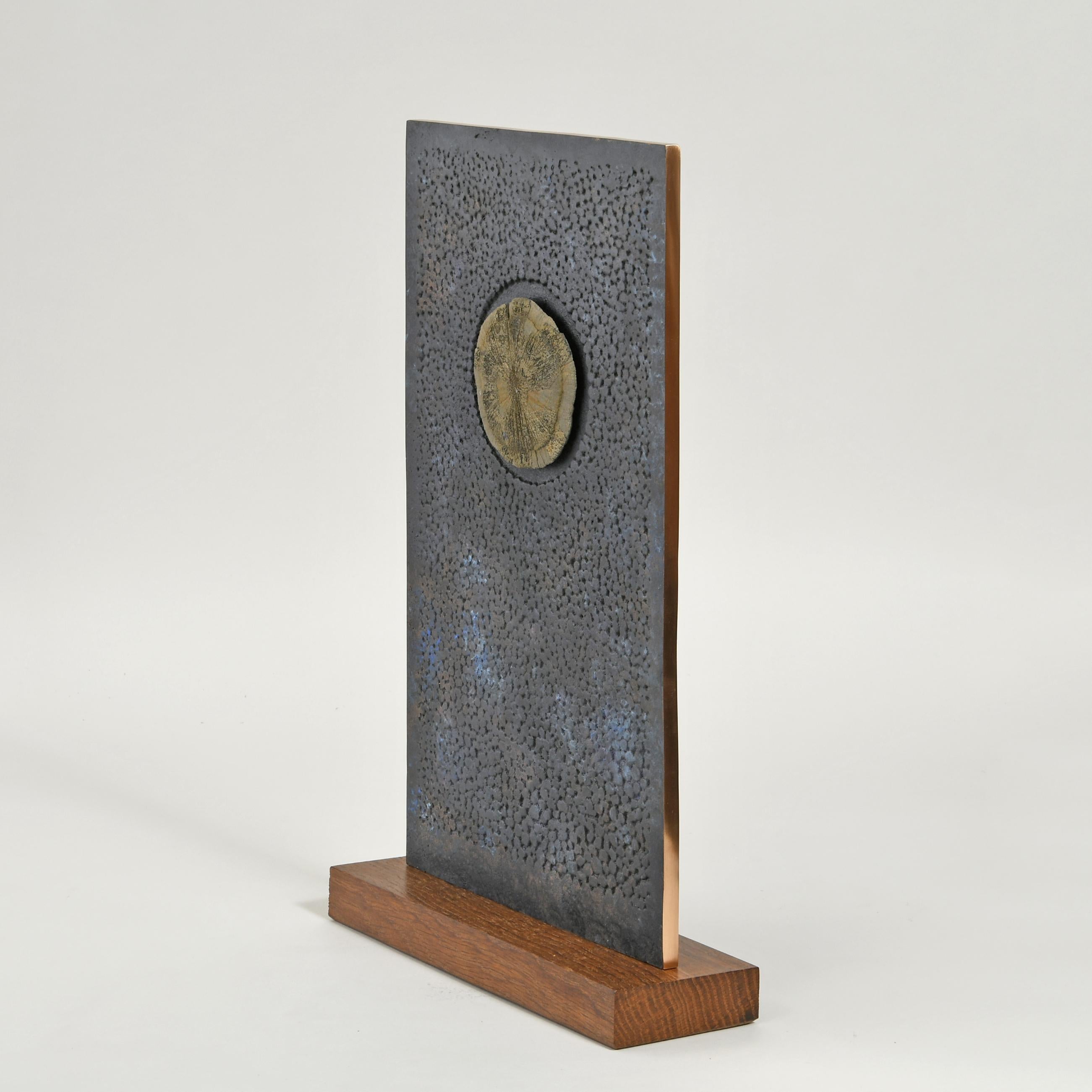 40 high x 23 x 8 cm
Bronze with ferrite inclusion on an oak base
Stamped with monogram signature and uniquely numbered 501C
Series of unique inclusion variations.
The face side with a textured surface has a circular indent incorporating an ancient