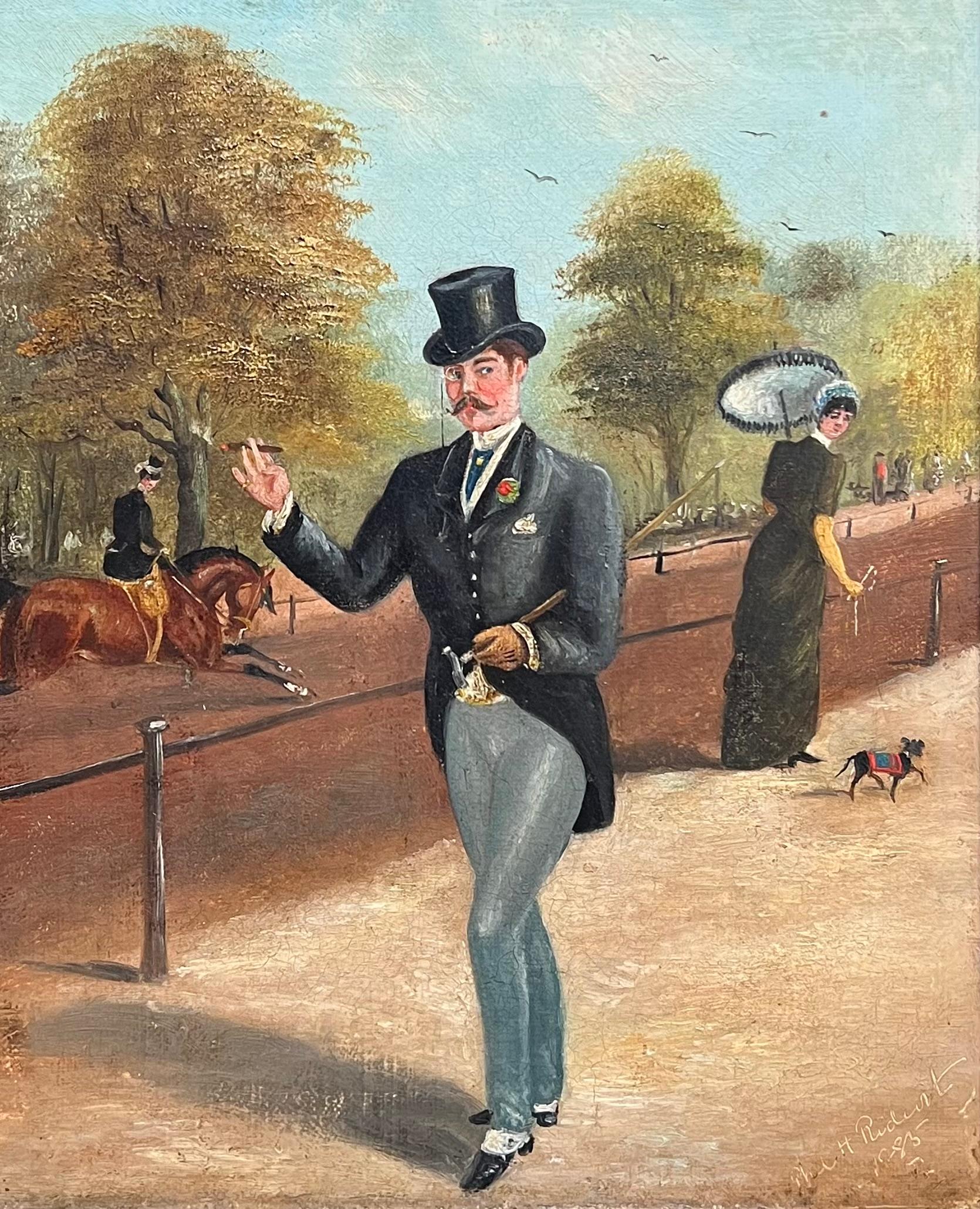Olio vittoriano con affascinante scena di un parco londinese con un elegante gentiluomo che fuma e cavalli - Painting di Philip Henry Rideout