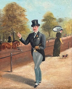 Victorian Oil Charming London Park Scene with Dapper Gentleman Smoking & Horses