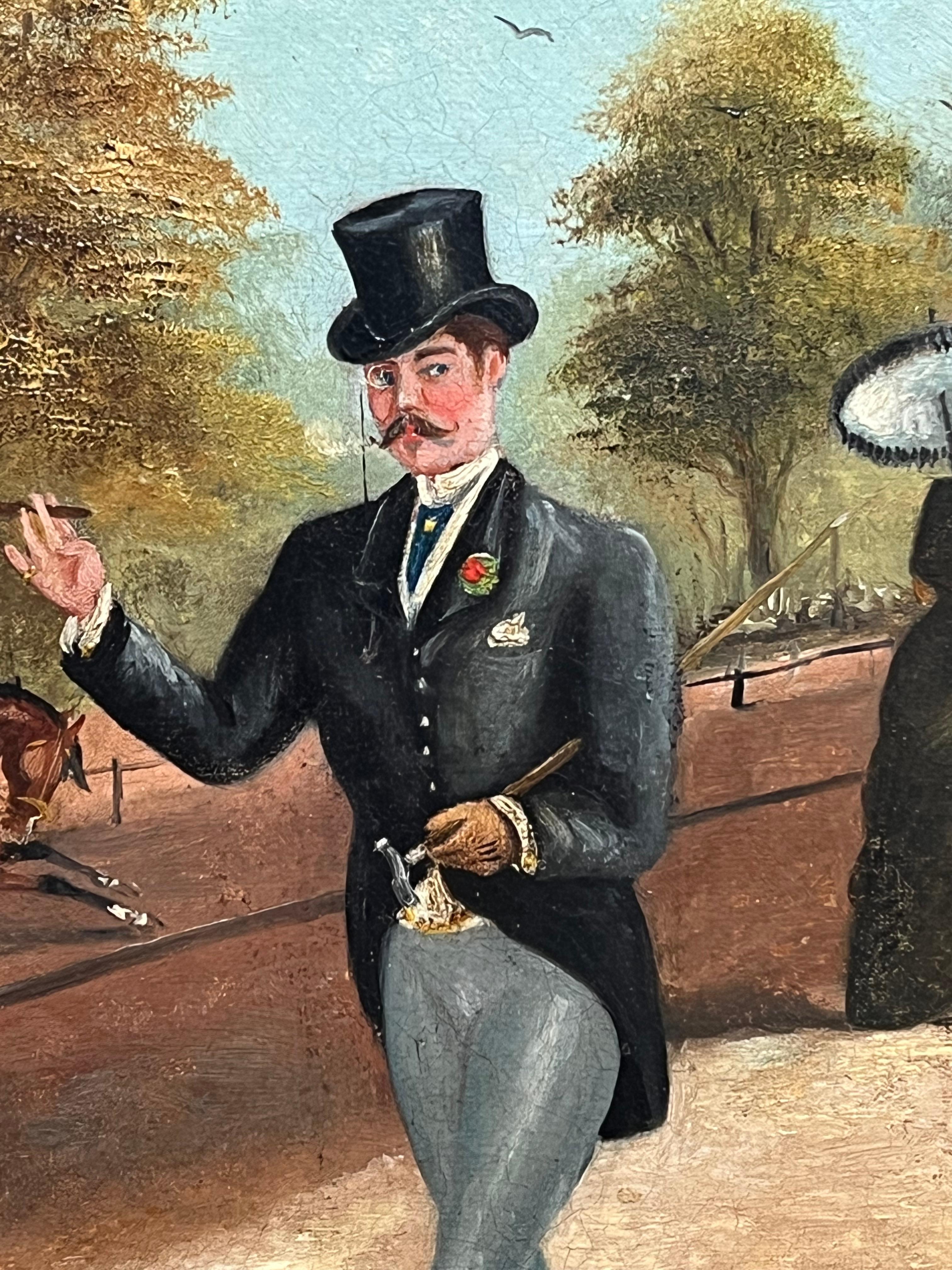 Olio vittoriano con affascinante scena di un parco londinese con un elegante gentiluomo che fuma e cavalli - Portrait Painting Marrone di Philip Henry Rideout