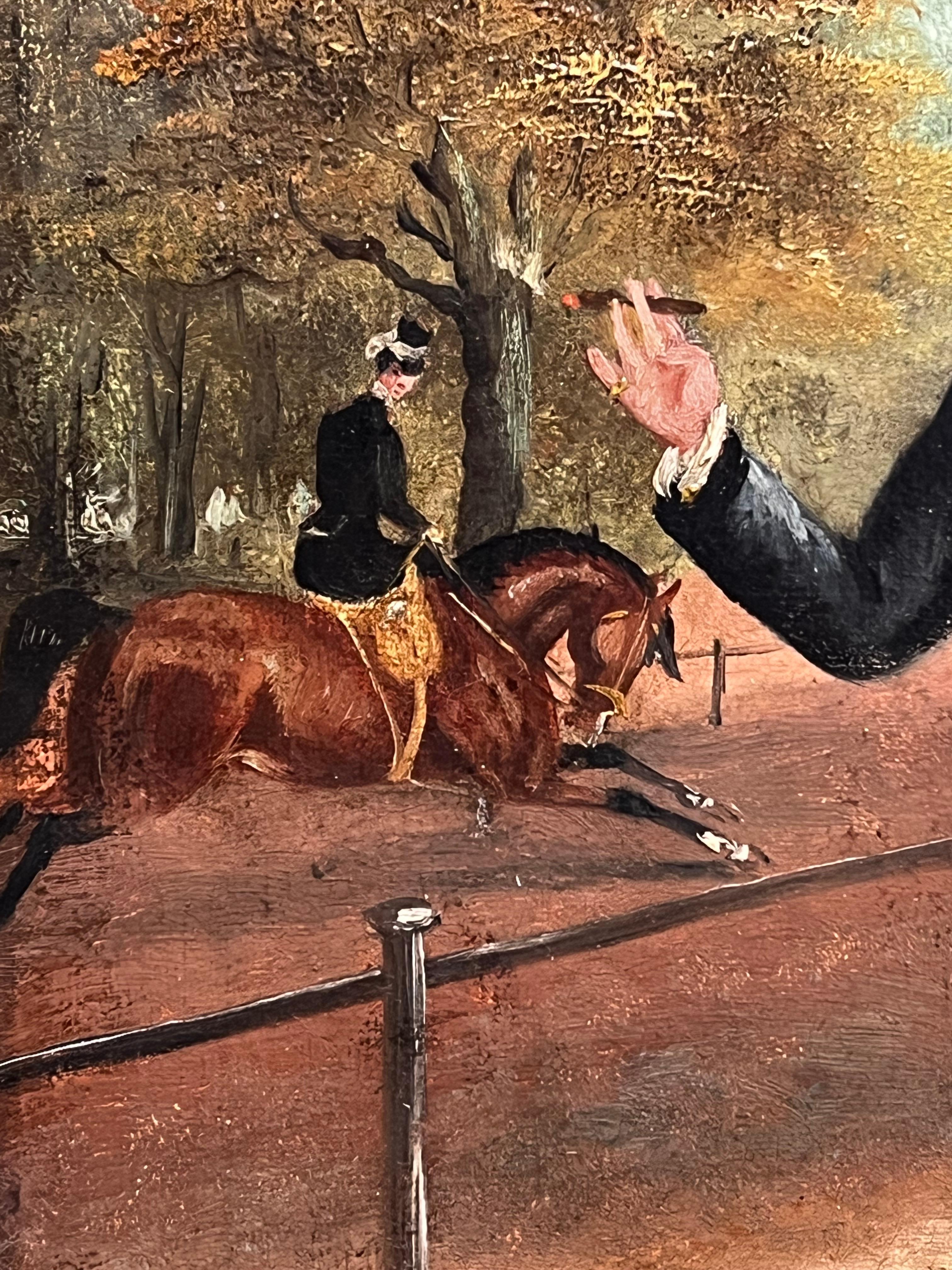 Olio vittoriano con affascinante scena di un parco londinese con un elegante gentiluomo che fuma e cavalli in vendita 1