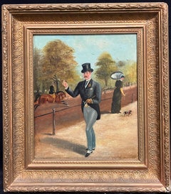 Victorian Oil Charming London Park Scene with Dapper Gentleman Smoking & Horses