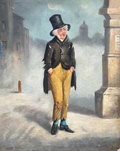 Victorian Oil Painting of Top Hat Gentleman Strolling in Misty London Streets