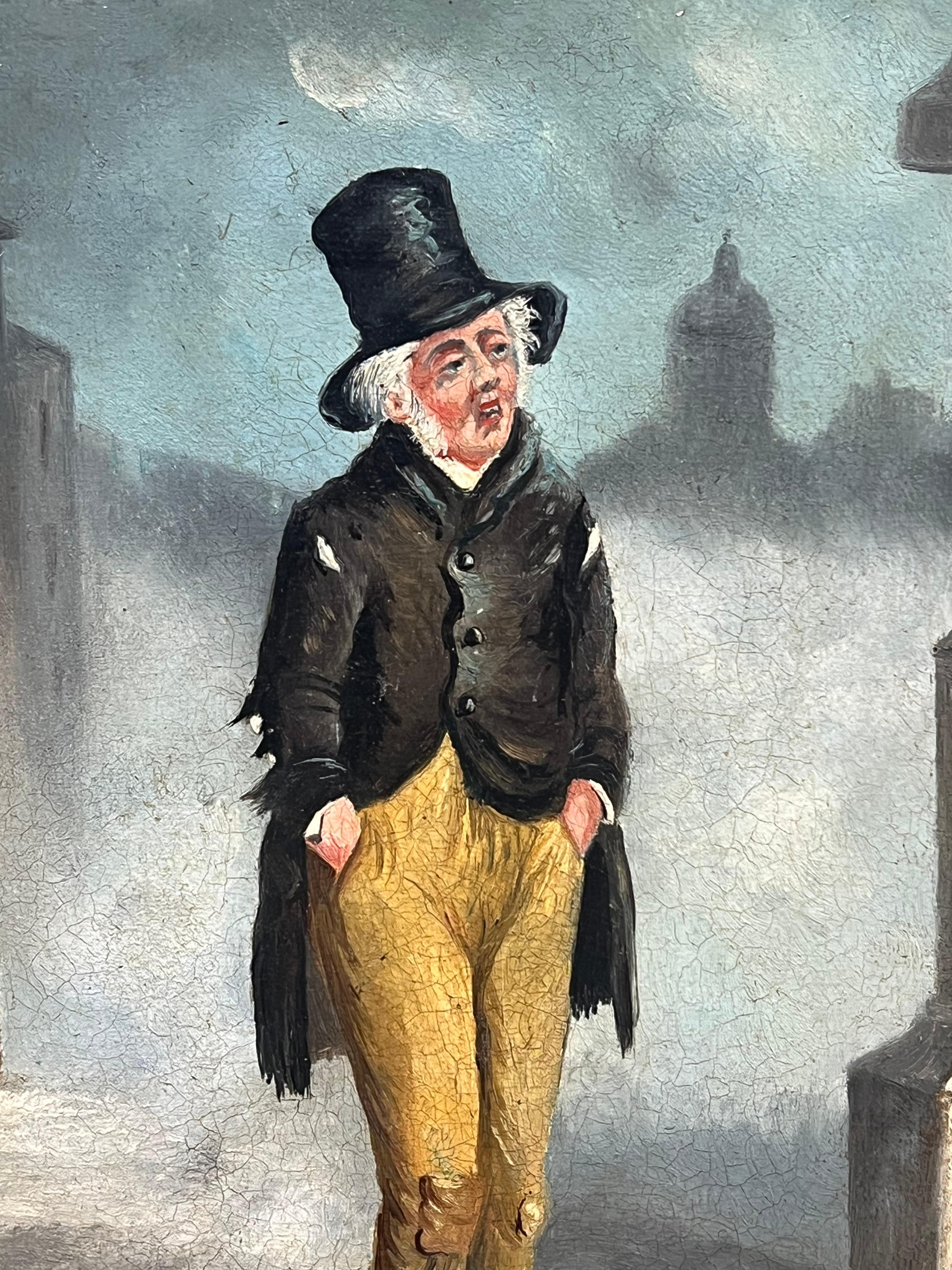 Viktorianisches Ölgemälde eines Gentleman mit Zylinder, der durch die nebligen Londoner Straßen schlendert (Braun), Portrait Painting, von Philip Henry Rideout