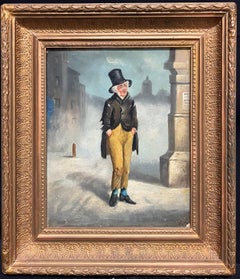 Antique Victorian Oil Painting of Top Hat Gentleman Strolling in Misty London Streets