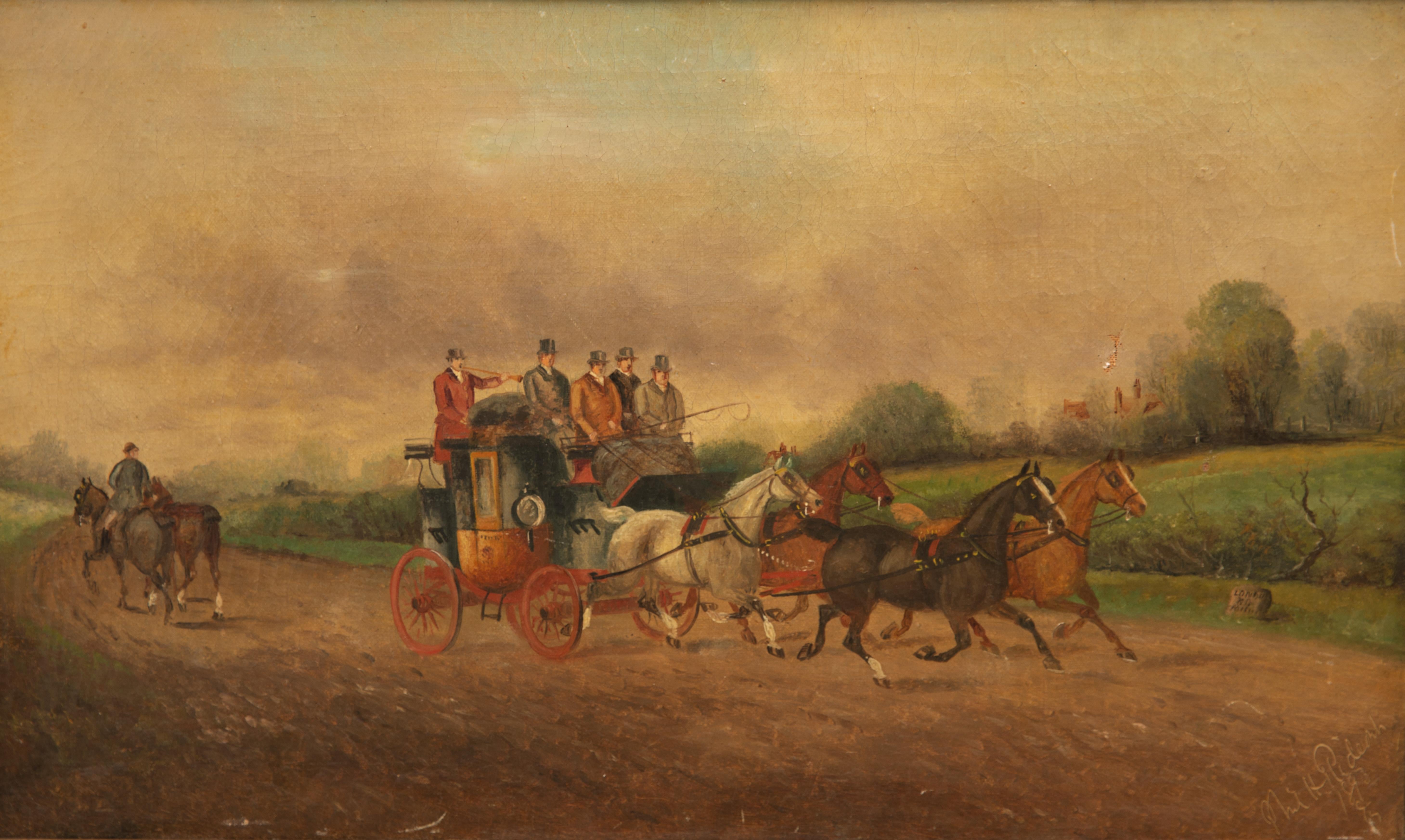 Philip Henry Rideout stage and four horses oil on canvas, 1893, signed 'Phil H. Rideout' and dated lower right. Measures: 12 x 20 in., 15 x 23 in. (frame).

Phillip Henry Rideout worked in the late 19th and early 20th century in England, always