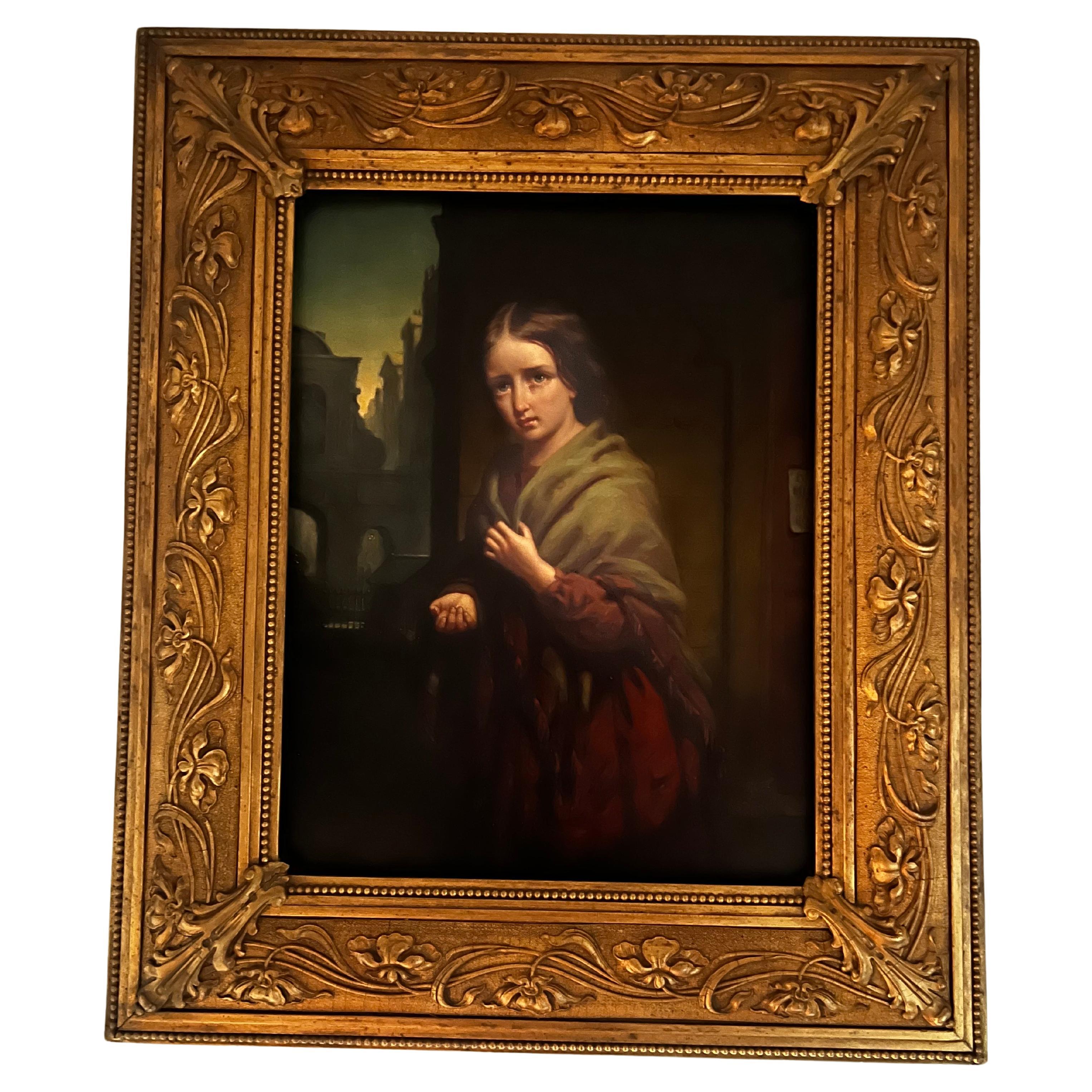 Philip H. Calderon “Poor girl begging for handouts” Oil on Canvas London 1860 For Sale