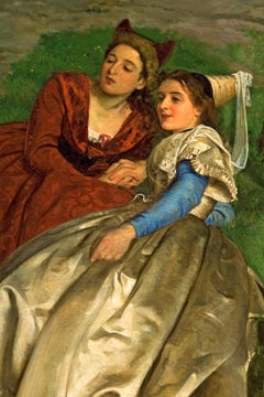 19th Century Painting of Medieval women, titled "at the Stream"