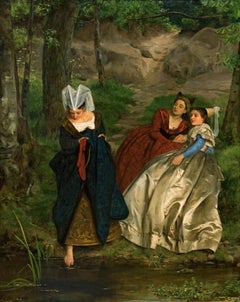 Antique 19th Century Painting of Medieval women, titled "at the Stream"
