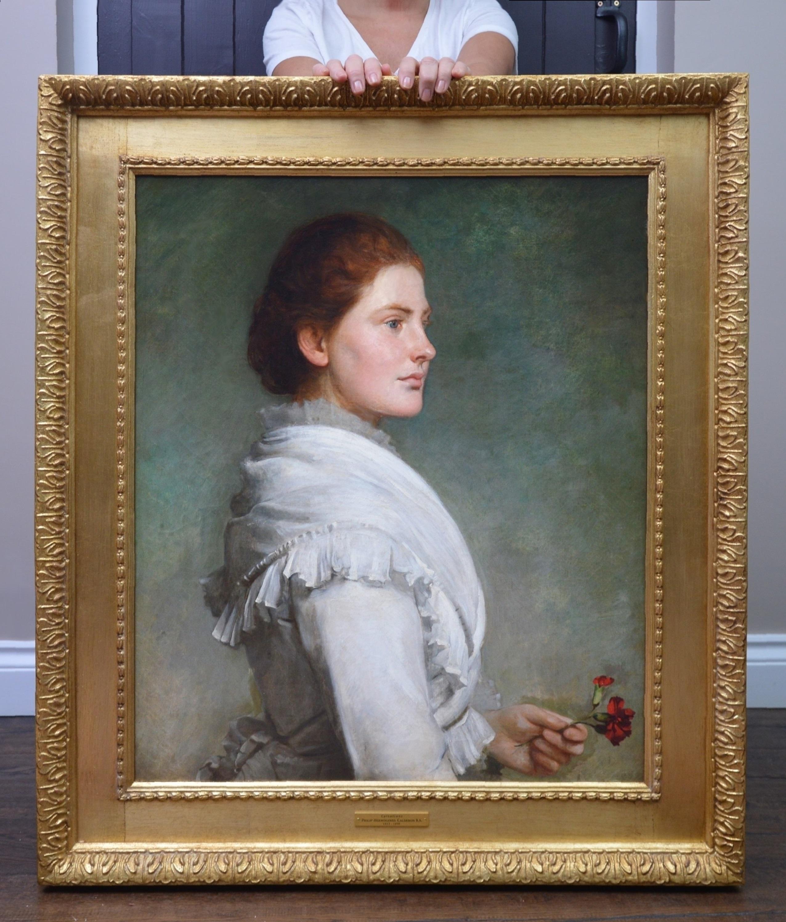 Philip Hermogenes Calderon R.A. Portrait Painting - Carnations - Large 19th Century Oil Painting Portrait