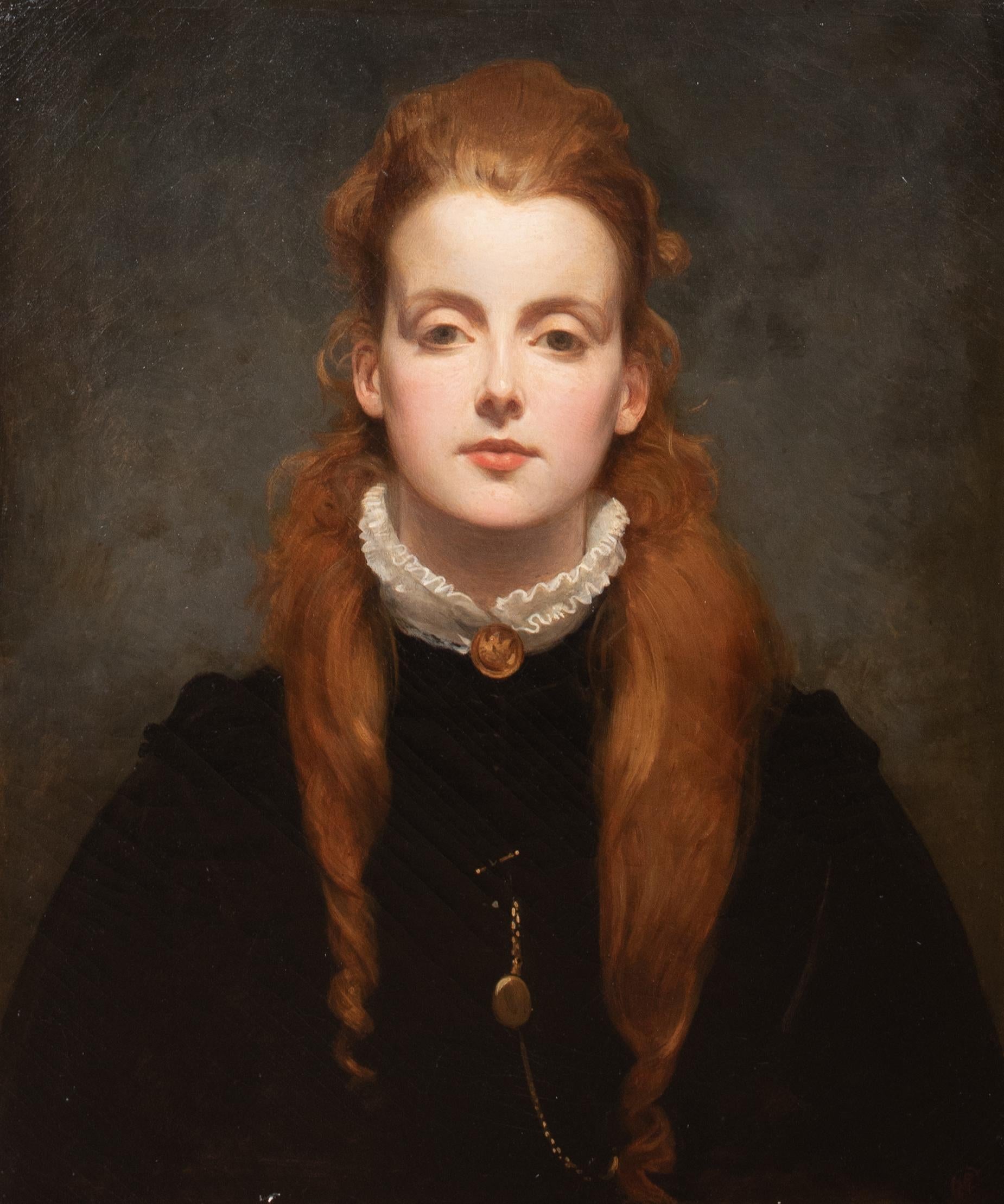 Portrait Of A Redhead Girl, Emily Bland, 19th Century  Pre-Raphaelite - Brown Portrait Painting by Philip Hermogenes Calderon R.A.