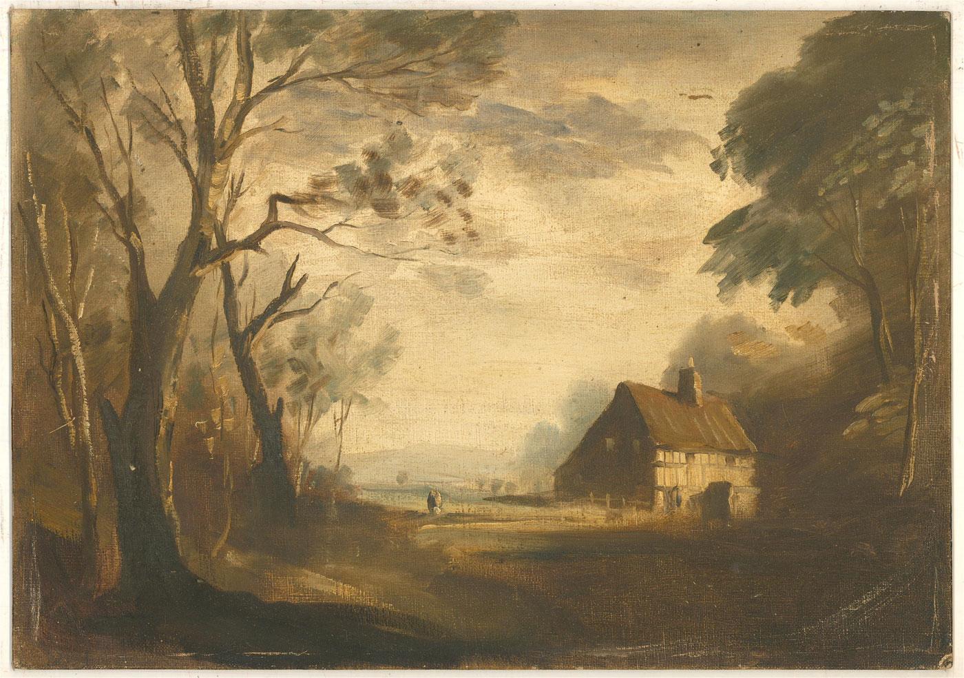 This rustic landscape depicts a charming country scene with a quaint cottage to the right. Unsigned. The painting was acquired by Sulis Fine Art along with a signed work from Padwick and is typical of his style. On canvas board .
