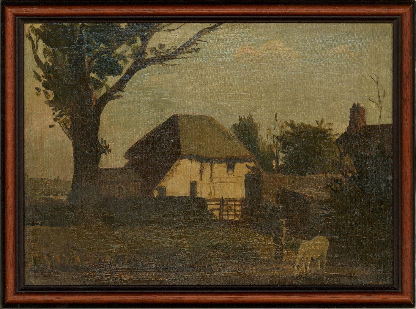 An impressionistic study of a rustic farm cottage in a rural landscape. Presented in a simple wood frame. Unsigned. The painting was acquired by Sulis Fine Art along with a signed work by Padwick and is typical of his style. The horse, in