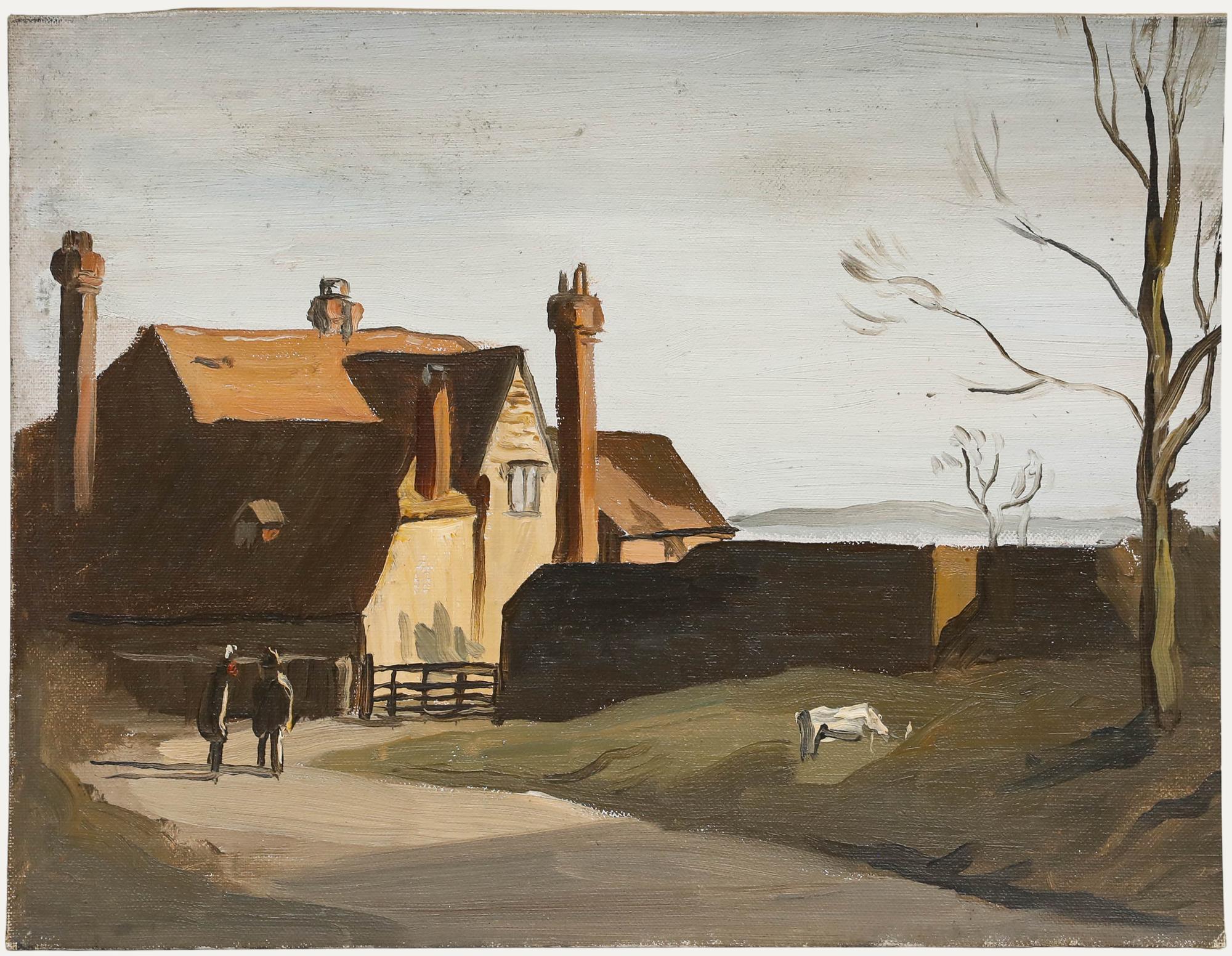 A charming landscape study, attributed to Philip Hugh Padwick ROI RBA (1876–1958), depicting two figures engaged in conversation under the gentle light of the morning sun. To the left, a cow grazes peacefully in a lush, green field. Unsigned. On