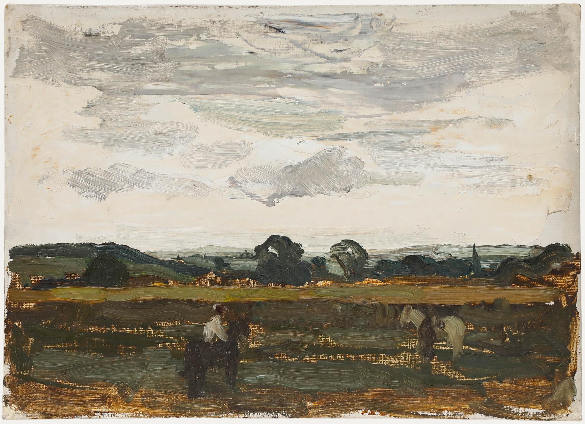 An atmospheric landscape study, attributed to Philip Hugh Padwick ROI RBA (1876–1958), portraying two figures on horseback traversing the expansive countryside. Rendered in bold, sweeping brushstrokes. Unsigned. On canvas board. 