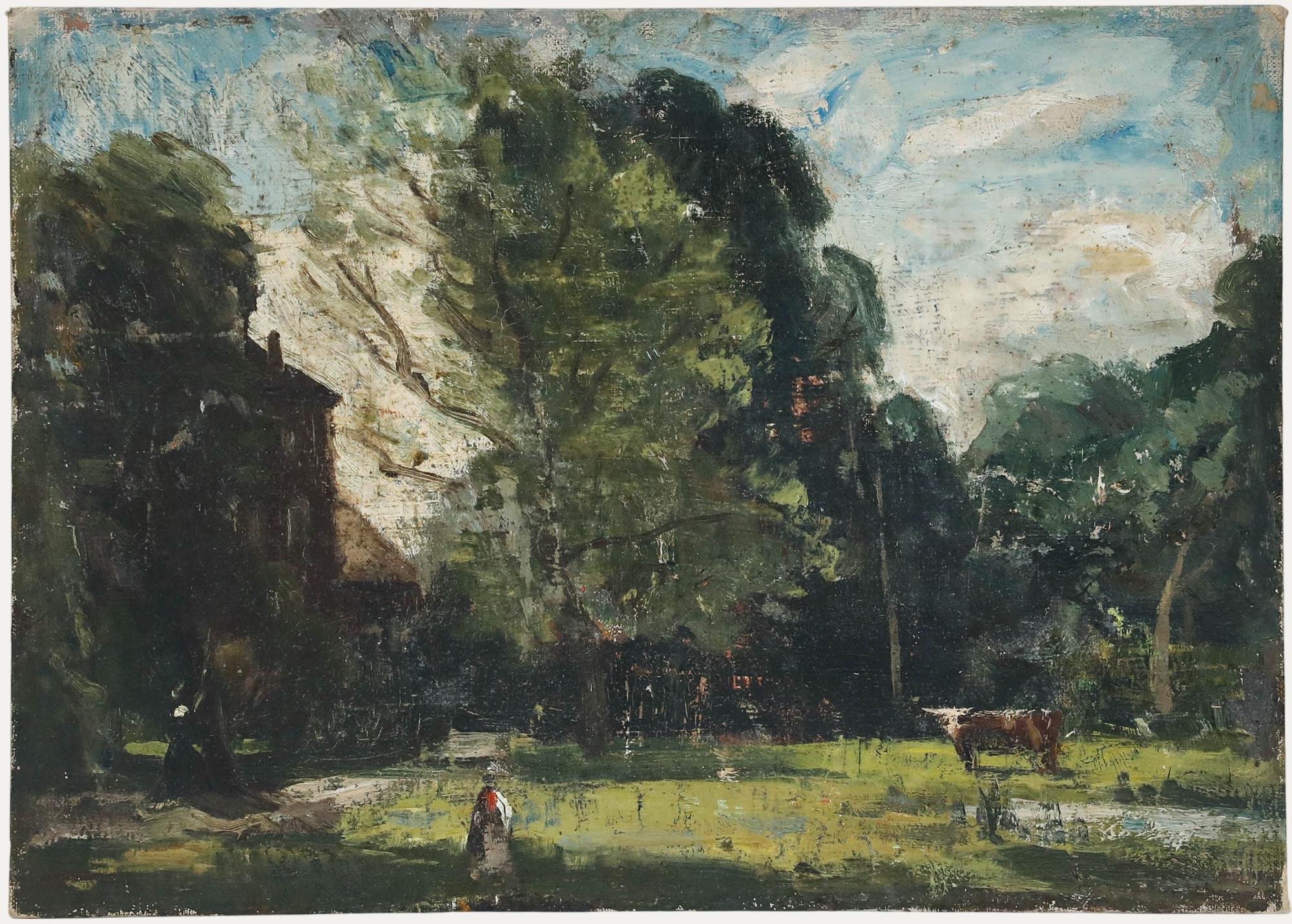 A charming landscape study, attributed to Philip Hugh Padwick ROI RBA (1876–1958), depicting a lone figure taking a leisurely stroll through a verdant garden. To the right, a cow grazes peacefully beside a tranquil pond. Unsigned. On canvas board. 