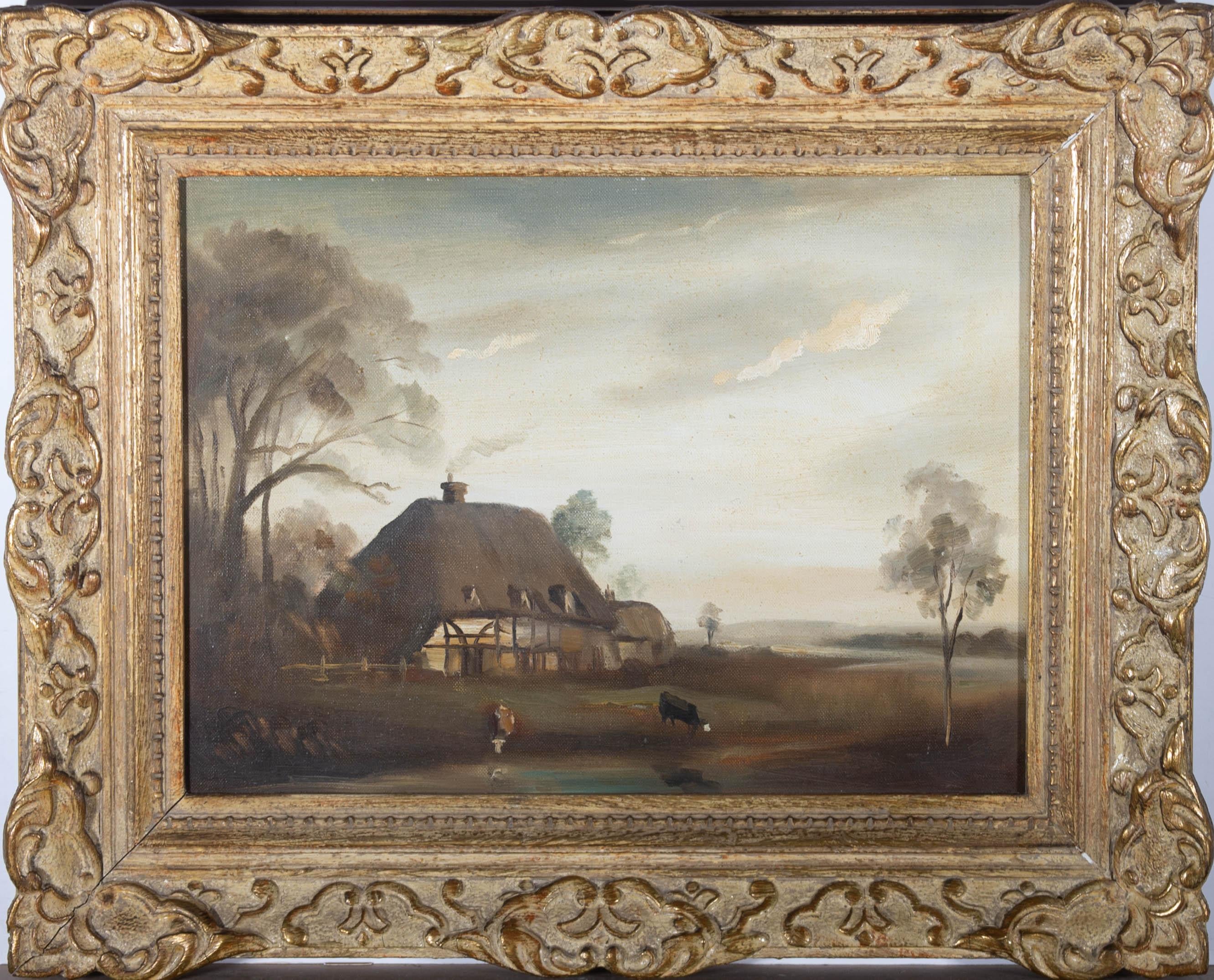 An impressionistic study of an isolated cottage in a rural landscape. Presented in an ornate gilt-effect wooden frame. Unsigned. The painting was acquired by Sulis Fine Art along with a signed work by Padwick and is typical of his style. The cows,