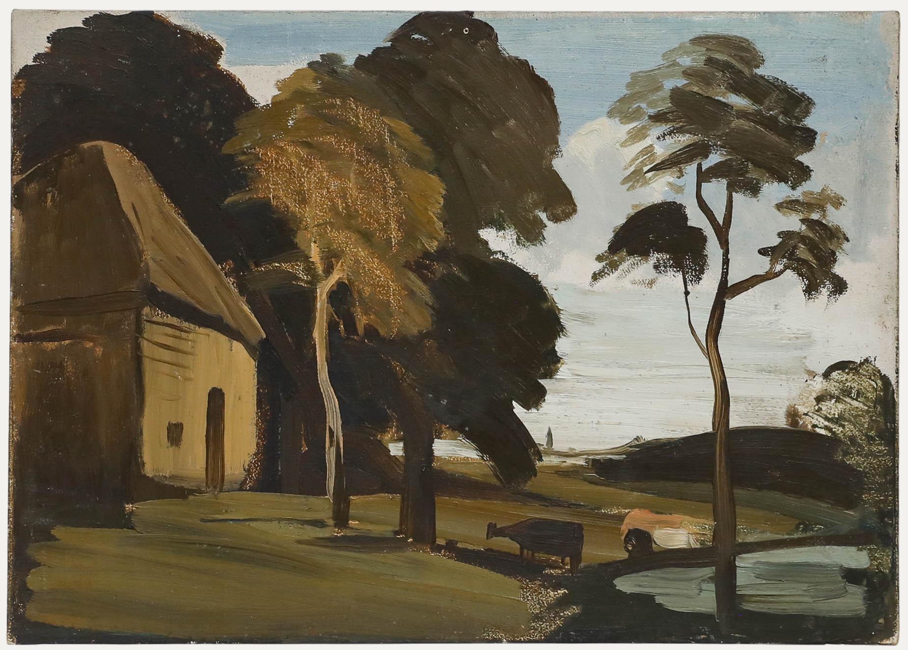 A delightful landscape study, attributed to Philip Hugh Padwick ROI RBA (1876–1958), capturing a serene summer country scene with a solitary cow resting in the shade of a tall tree. Unsigned. On canvas board. 