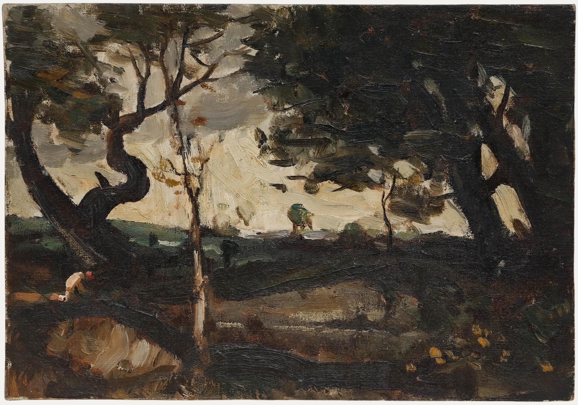 A moody landscape study by Philip Hugh Padwick ROI RBA (1876–1958), featuring gnarled trees framing a clearing beyond. To the left, a small figure kneels beneath the sweeping curve of a twisted trunk. Signed with initials and dated in pencil to the