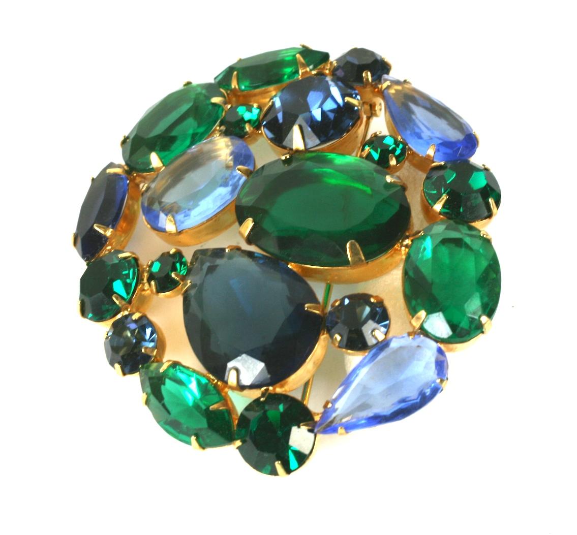 Large Philip Hulitar Jeweled Crystal Brooch from the 1950's. Pieces by this couturier are rare. 
Emerald and sapphire crystals are set in a large domed shape for maximum impact.  
Signed.  2.75