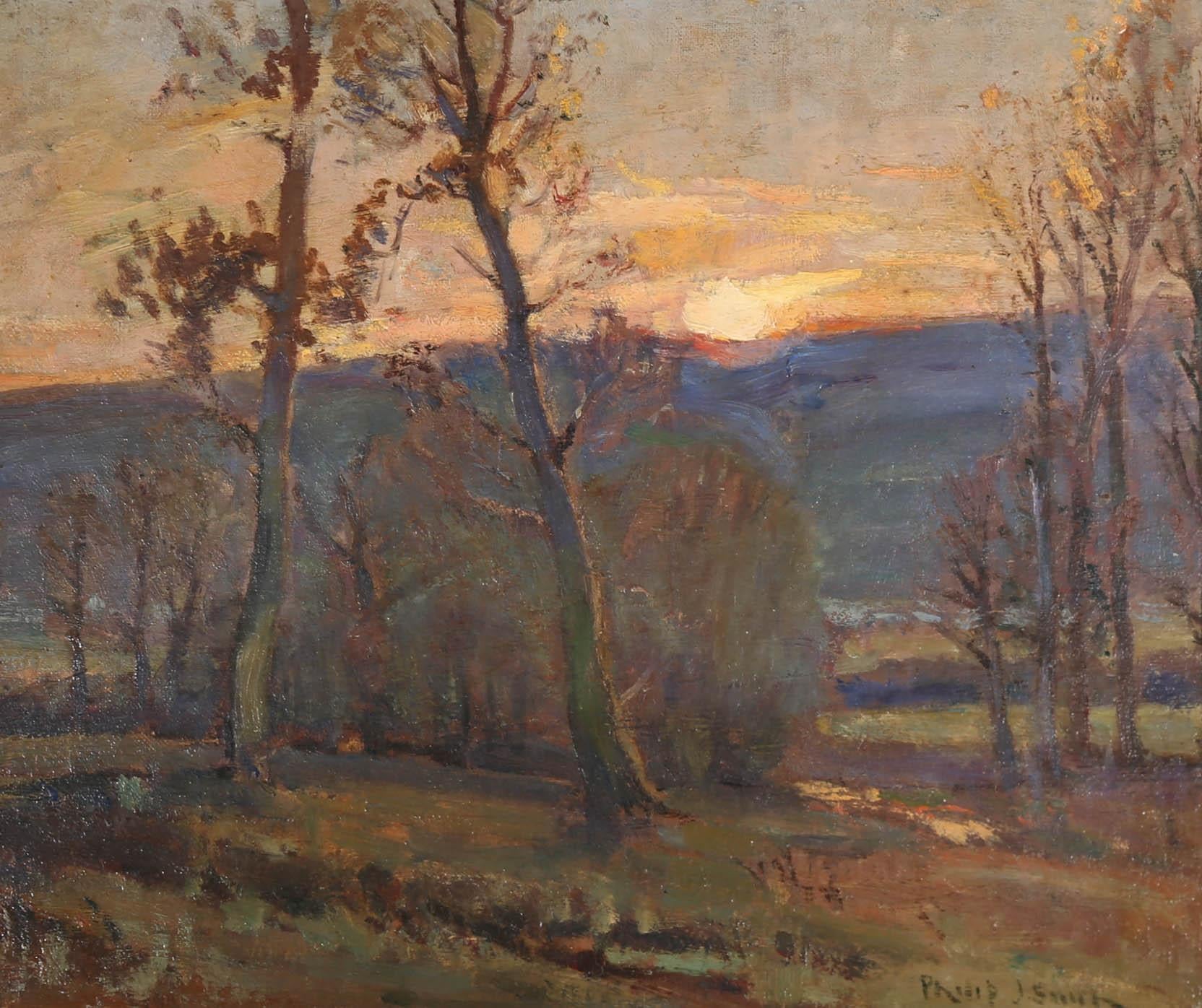 Philip J. Smith (fl. 1912-1932) – Ölgemälde, Sonnenuntergang über dem Wald, frühes 20. Jahrhundert 1
