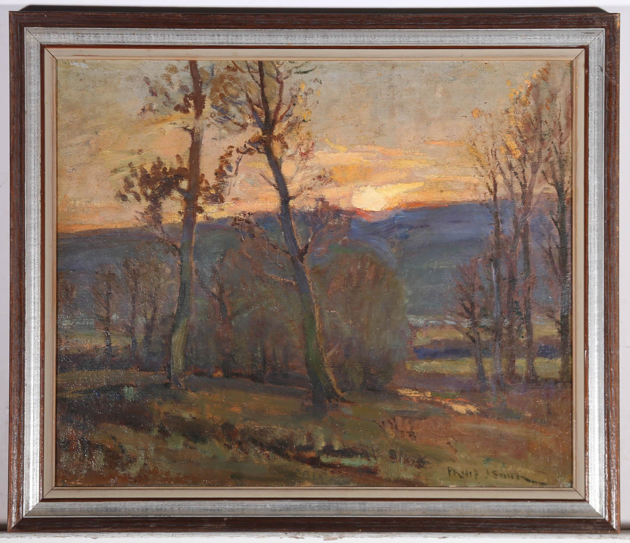 Philip J. Smith (fl. 1912-1932) – Ölgemälde, Sonnenuntergang über dem Wald, frühes 20. Jahrhundert 2