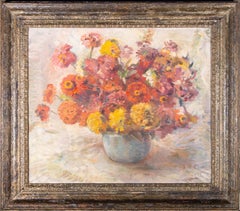 Philip K. – Öl, Stillleben mit Blumen in blauer Vase, Mitte des 20. Jahrhunderts