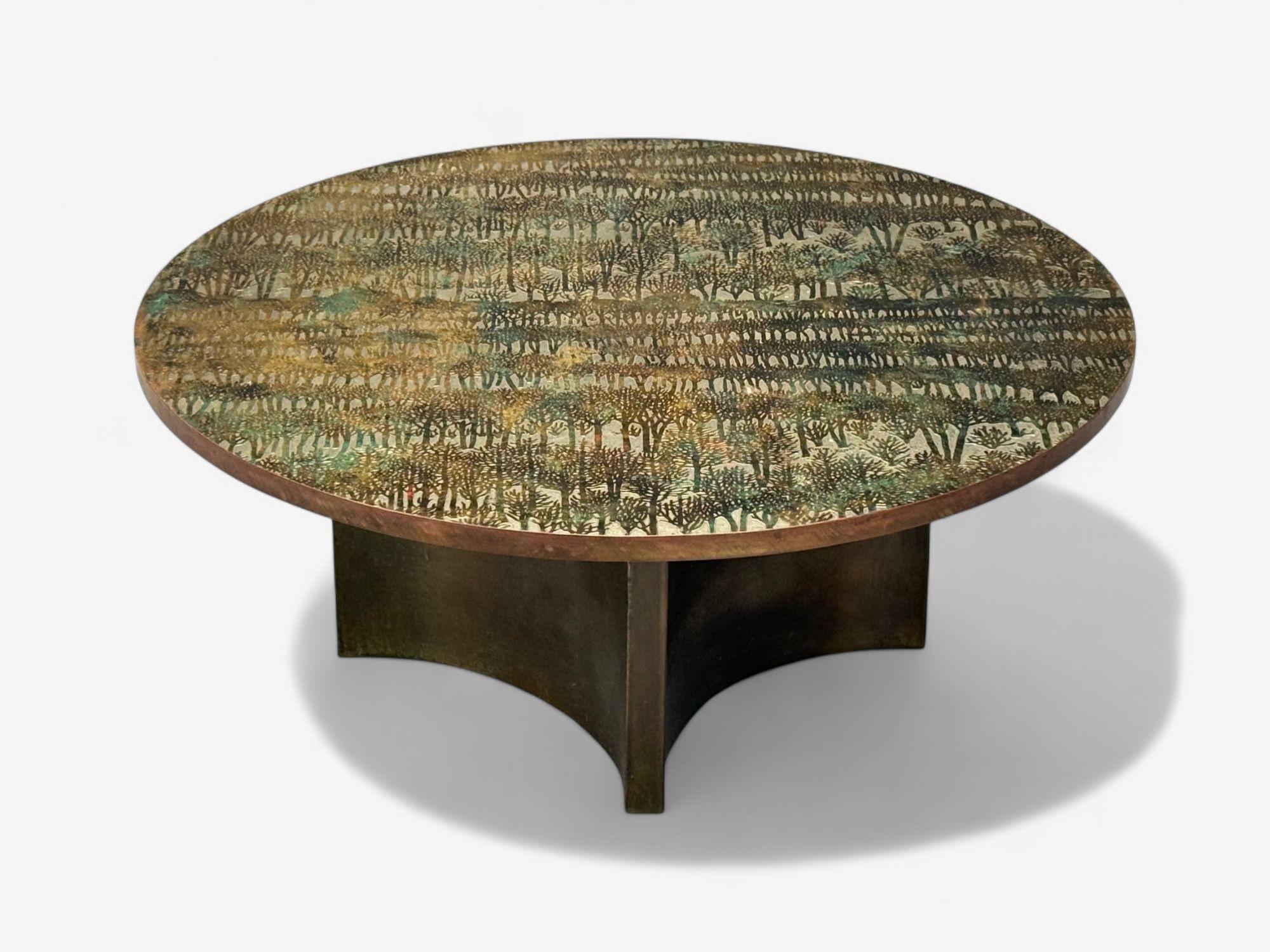 Américain Philip and Kelvin LaVerne, table basse en bronze, forêt éternelle, États-Unis, années 1960 en vente