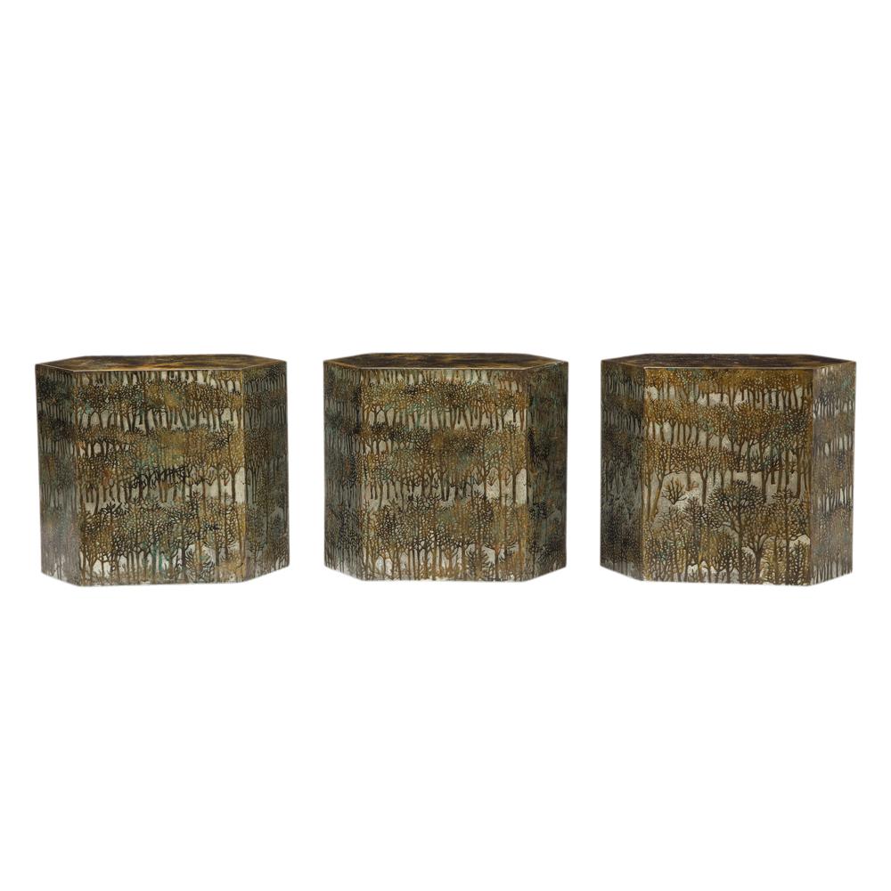 Philip & Kelvin Laverne Side Tables, Bronze Eternal Forest, Signed.
Purchased from original owner who had custom ordered the three tables from Laverne's Manhattan Showroom in the 1970s. All three tables are signed top the top edges: Phillip Kelvin
