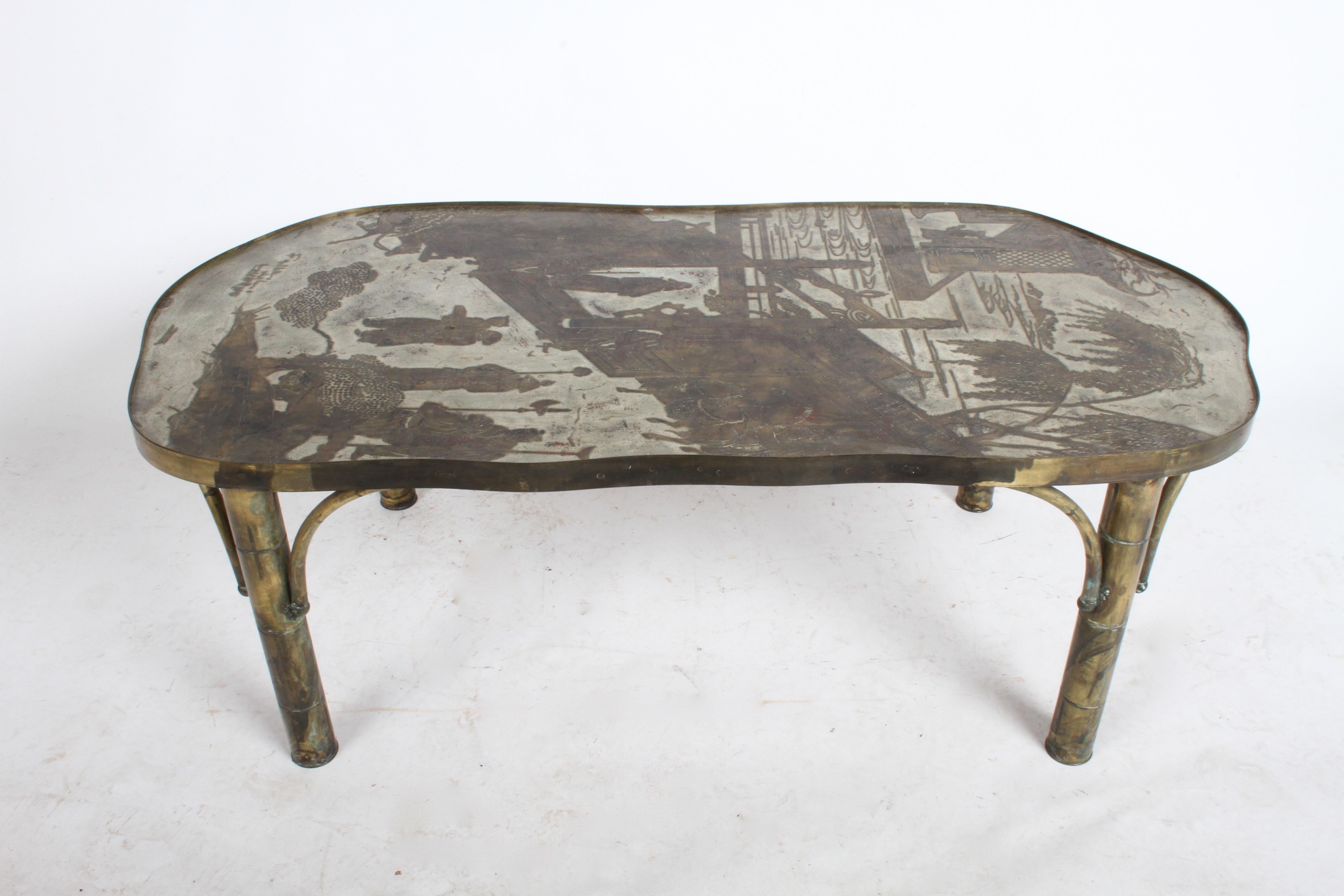 Philip & Kelvin LaVerne Chan 140 coffee table with Chinese scene in patinated bronze and pewter with hand-applied enamel by Philip & Kelvin, American 1960's. Signed “Philip & Kelvin LaVerne”. This table has a beautiful patina, having original