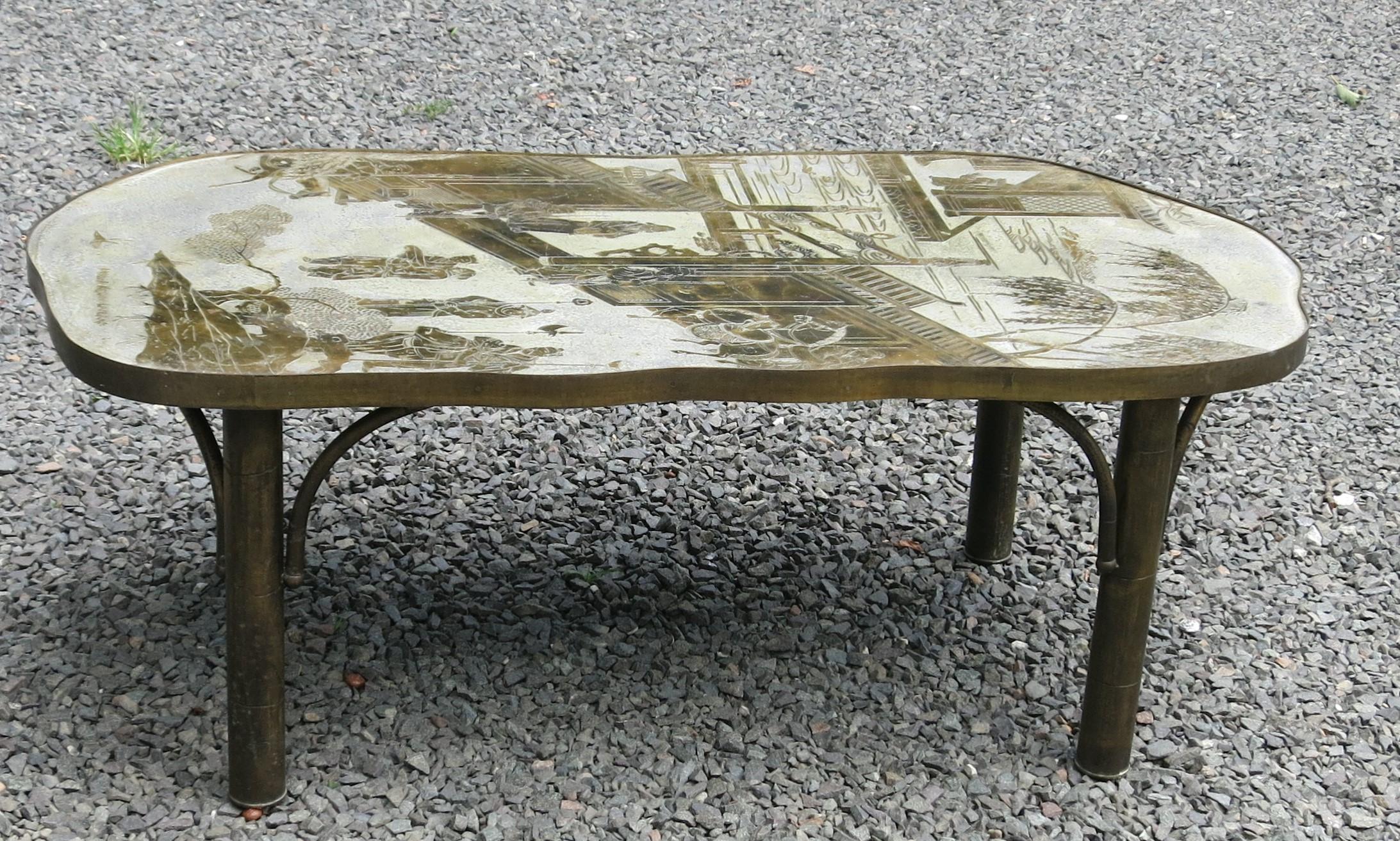 Philip and Kelvin LaVerne bronze chinoiserie chan coffee table #140. Good condition with normal wear and oxidation. A few rubs and scratches to the top. It is 23.5
