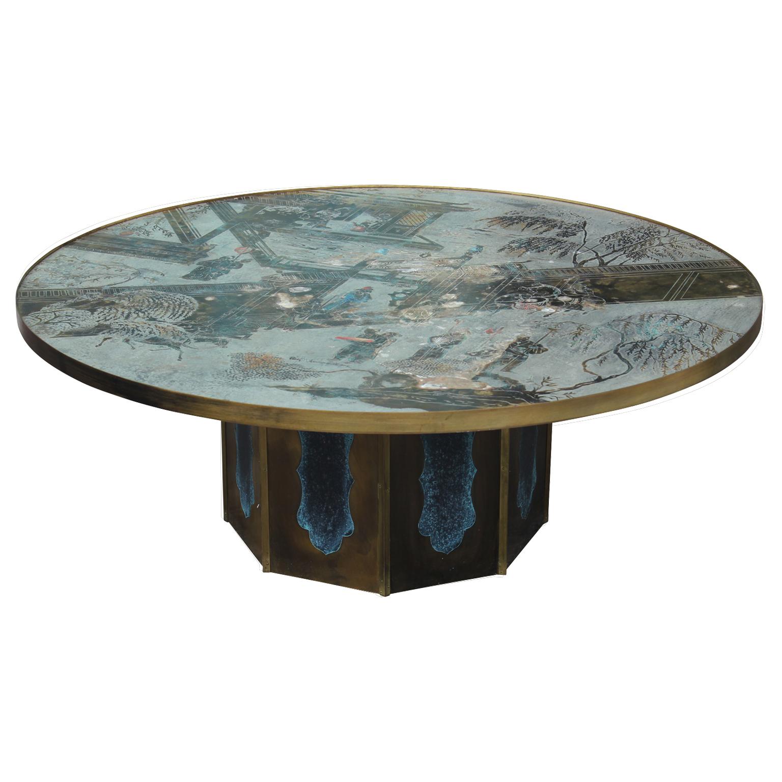 Intricately detailed Philip & Kelvin LaVerne Chan cocktail coffee table. Beautifully crafted and painted bronze structure. This is the largest Chan coffee table made.